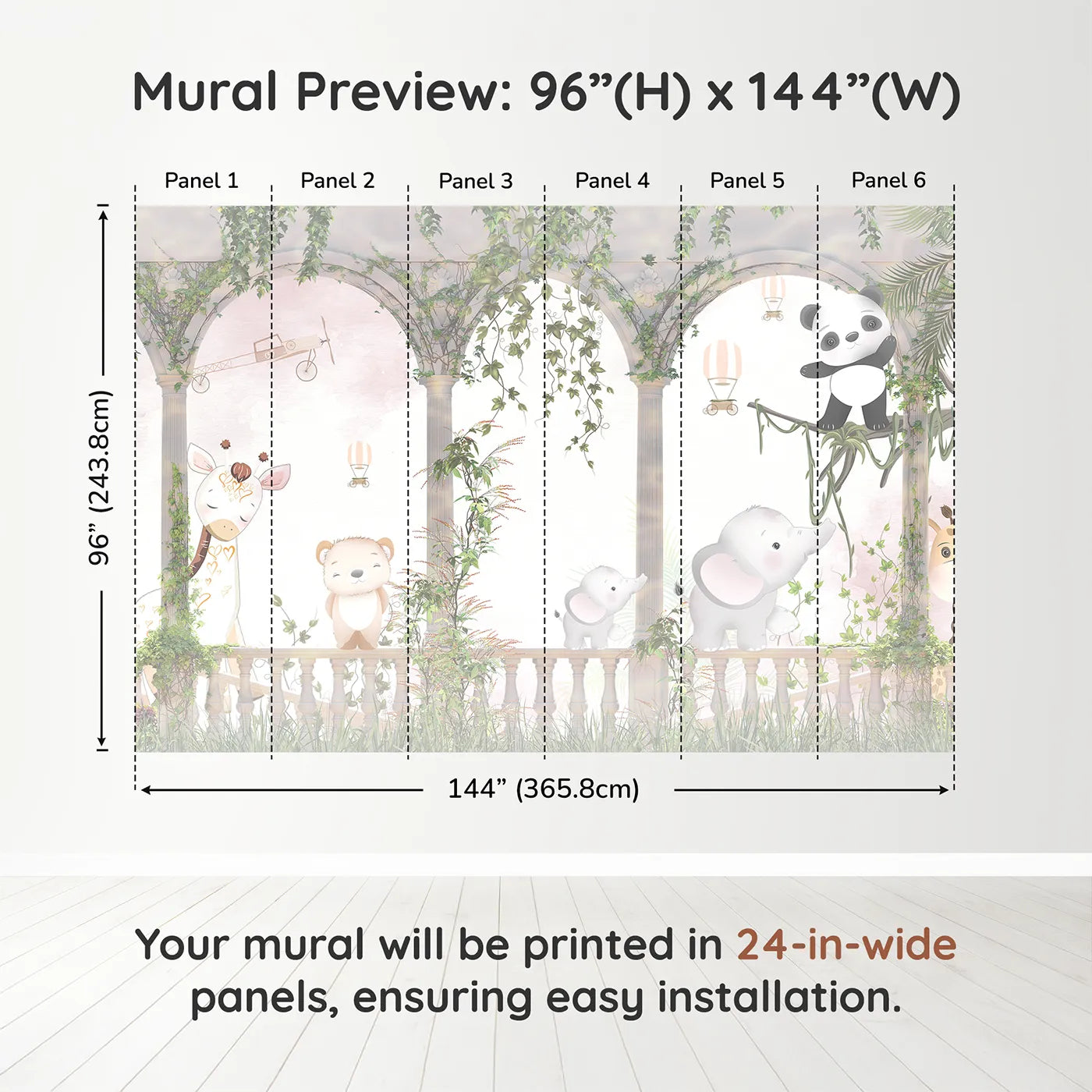 Whimsy Tots Safari Garden Party Wall Muraldimension view (96" H x 144" W). Printed in six 24-inch-wide panels. Gender-Neutral