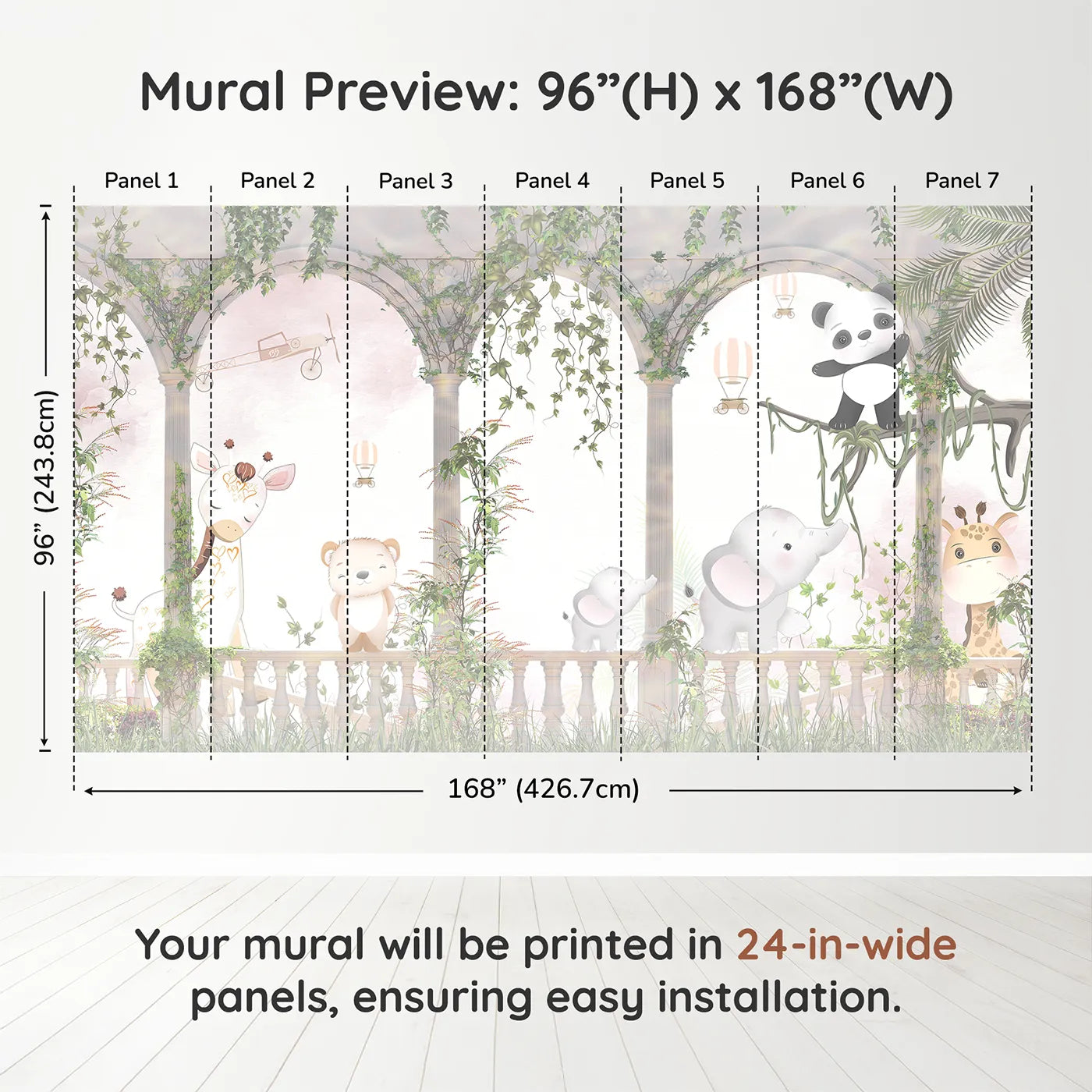 Whimsy Tots Safari Garden Party Wall Muraldimension view (96" H x 168" W). Printed in seven 24-inch-wide panels. Gender-Neutral