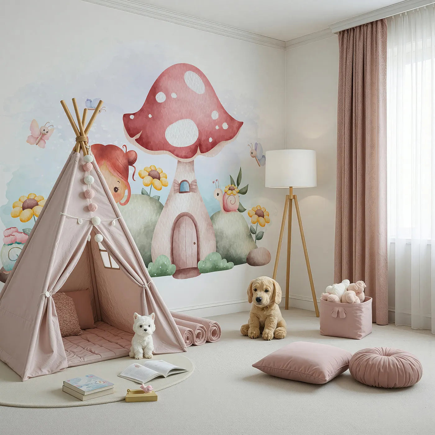 Angled view of Whimsy Tots' Mushroom House Fairy Wall Mural (Turn Their Room into a Sweet and Magical Fairytale Scene).Best for Girls