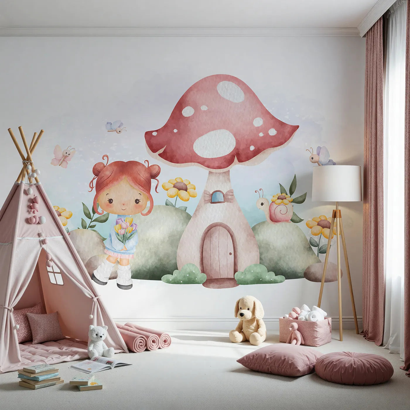 Front view of Whimsy Tots' Mushroom House Fairy Wall Mural