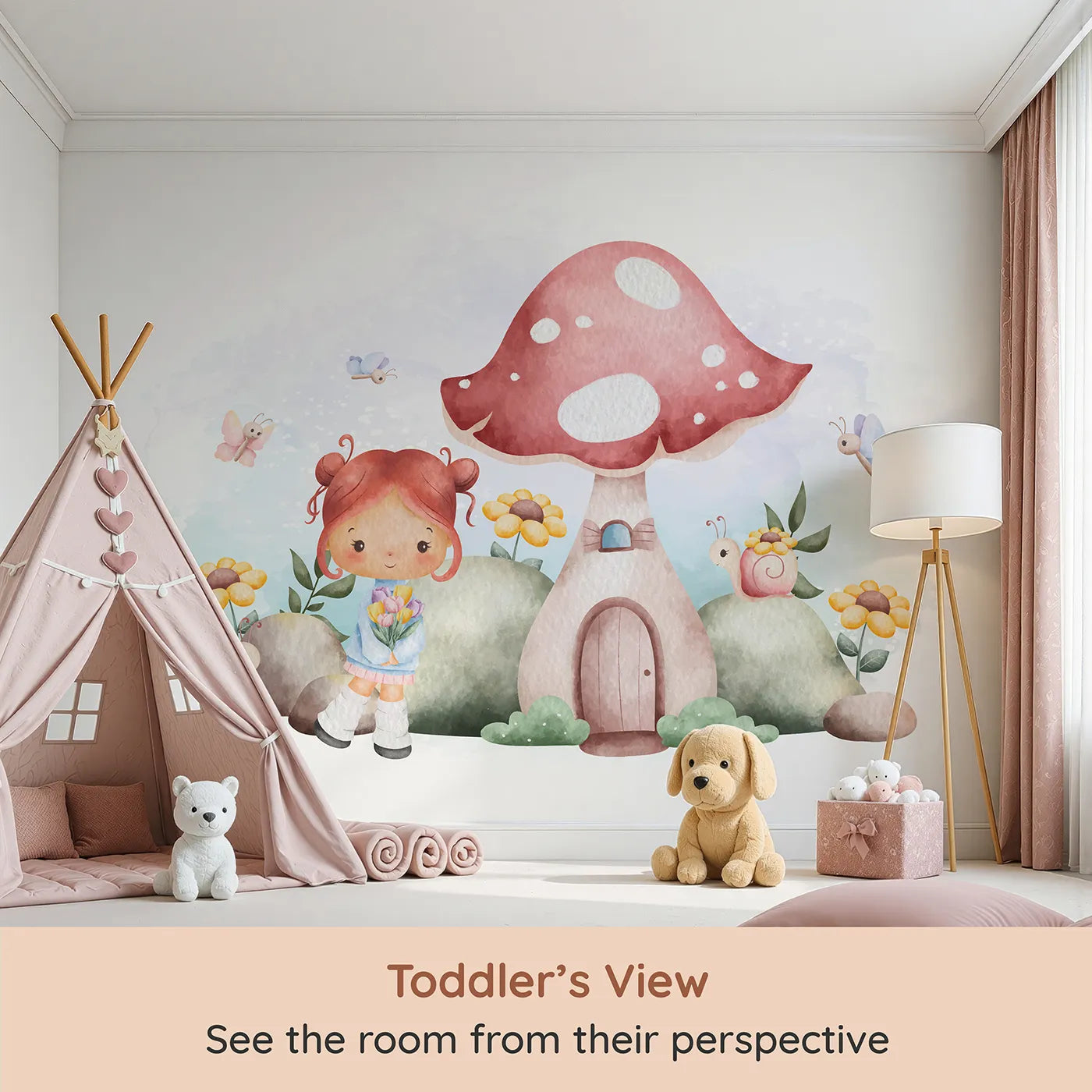 Whimsy Tots Mushroom House Fairy Wall Mural (Turn Their Room into a Sweet and Magical Fairytale Scene) from your child's view.Best for Girls