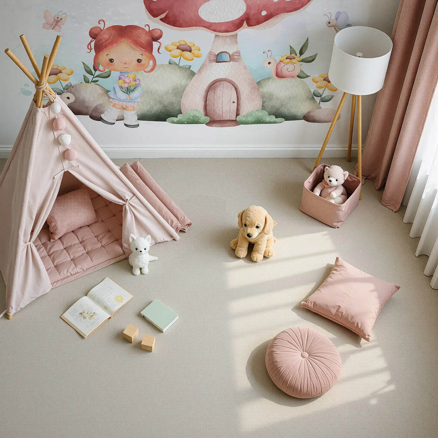 Top-down view of Whimsy Tots' Mushroom House Fairy Wall Mural (Turn Their Room into a Sweet and Magical Fairytale Scene).Best for Girls