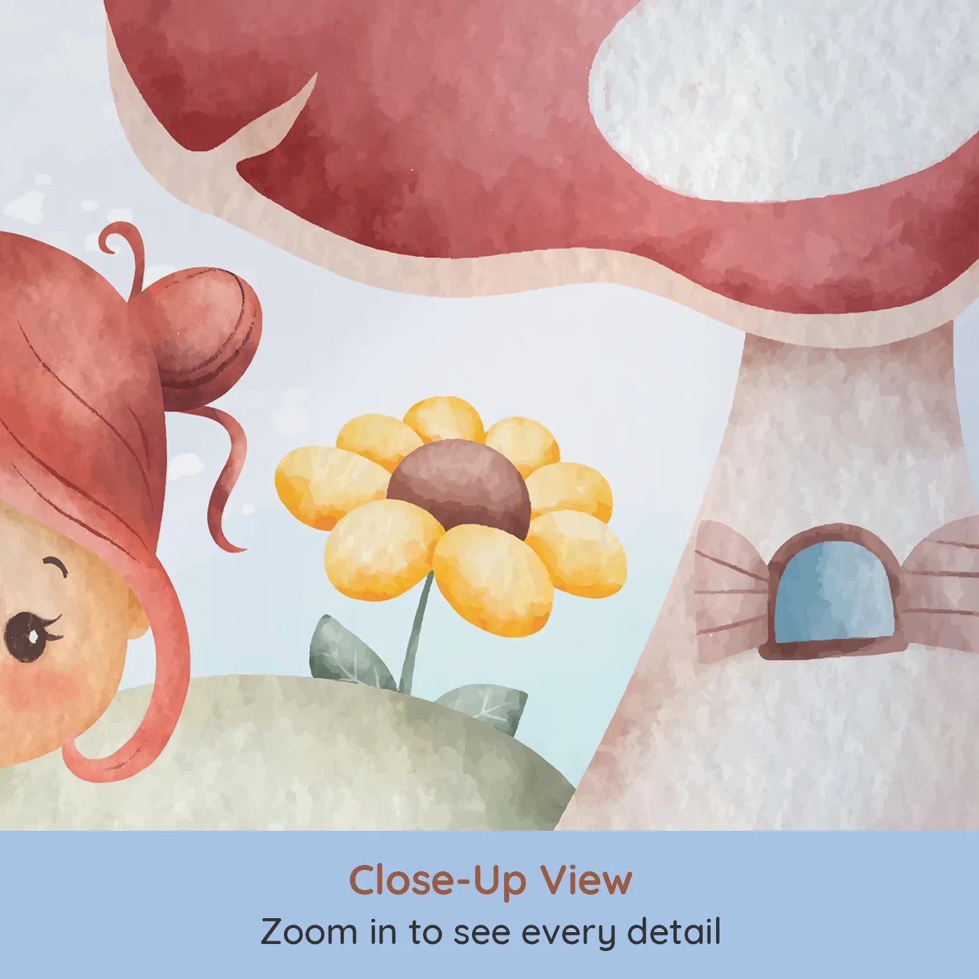 Close-up view of Whimsy Tots' Mushroom House Fairy Wall Mural (Turn Their Room into a Sweet and Magical Fairytale Scene).Best for Girls