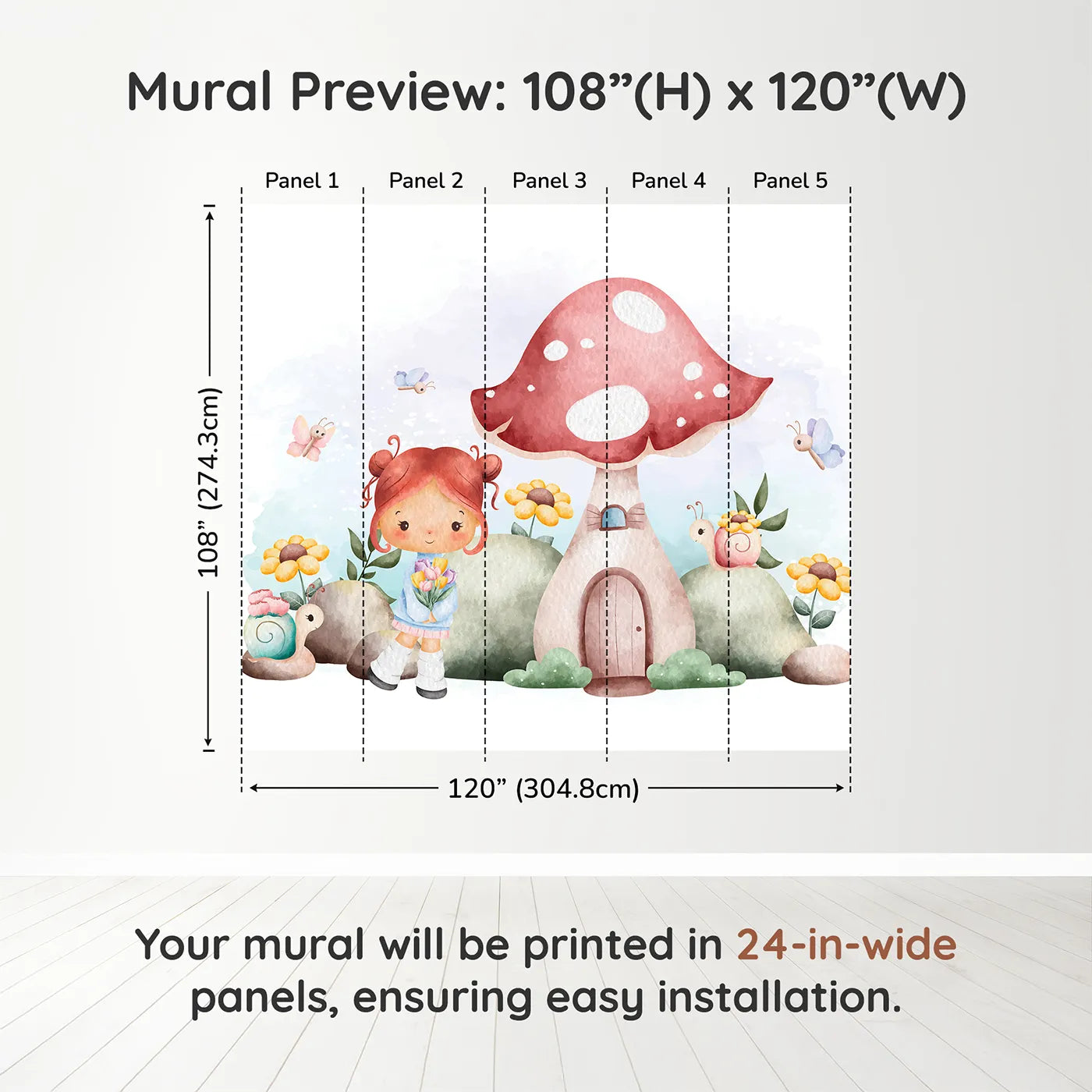 Whimsy Tots Mushroom House Fairy Wall Muraldimension view (108" H x 120" W). Printed in five 24-inch-wide panels. Best for Girls