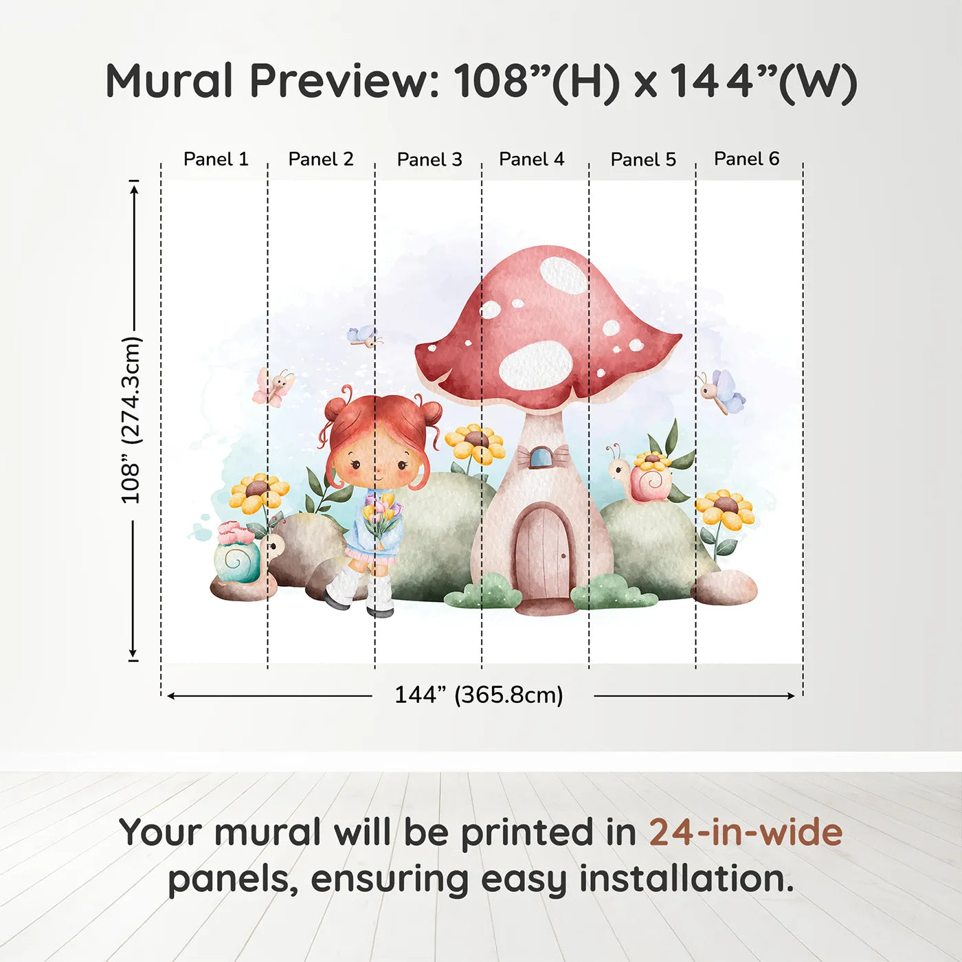 Whimsy Tots Mushroom House Fairy Wall Muraldimension view (108" H x 144" W). Printed in six 24-inch-wide panels. Best for Girls
