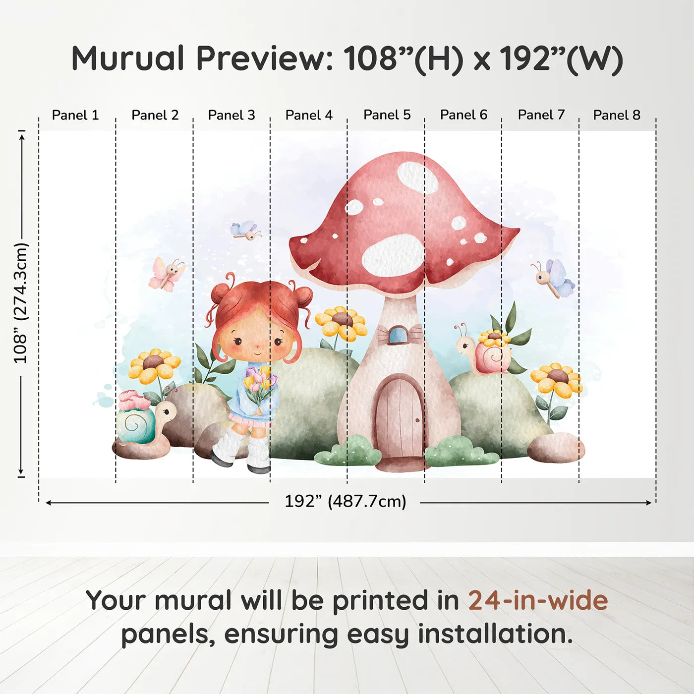 Whimsy Tots Mushroom House Fairy Wall Muraldimension view (108" H x 192" W). Printed in eight 24-inch-wide panels. Best for Girls
