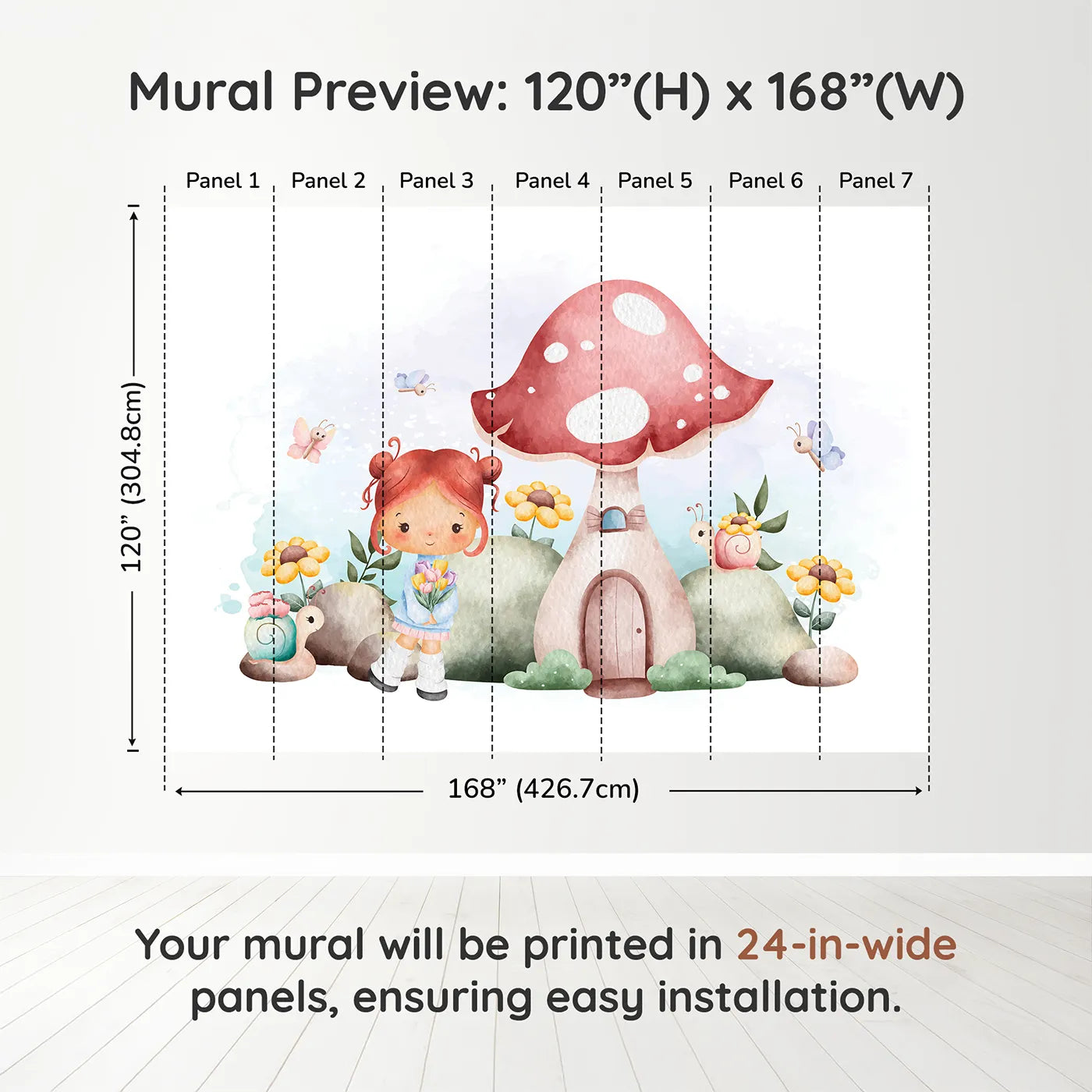 Whimsy Tots Mushroom House Fairy Wall Muraldimension view (120" H x 168" W). Printed in seven 24-inch-wide panels. Best for Girls