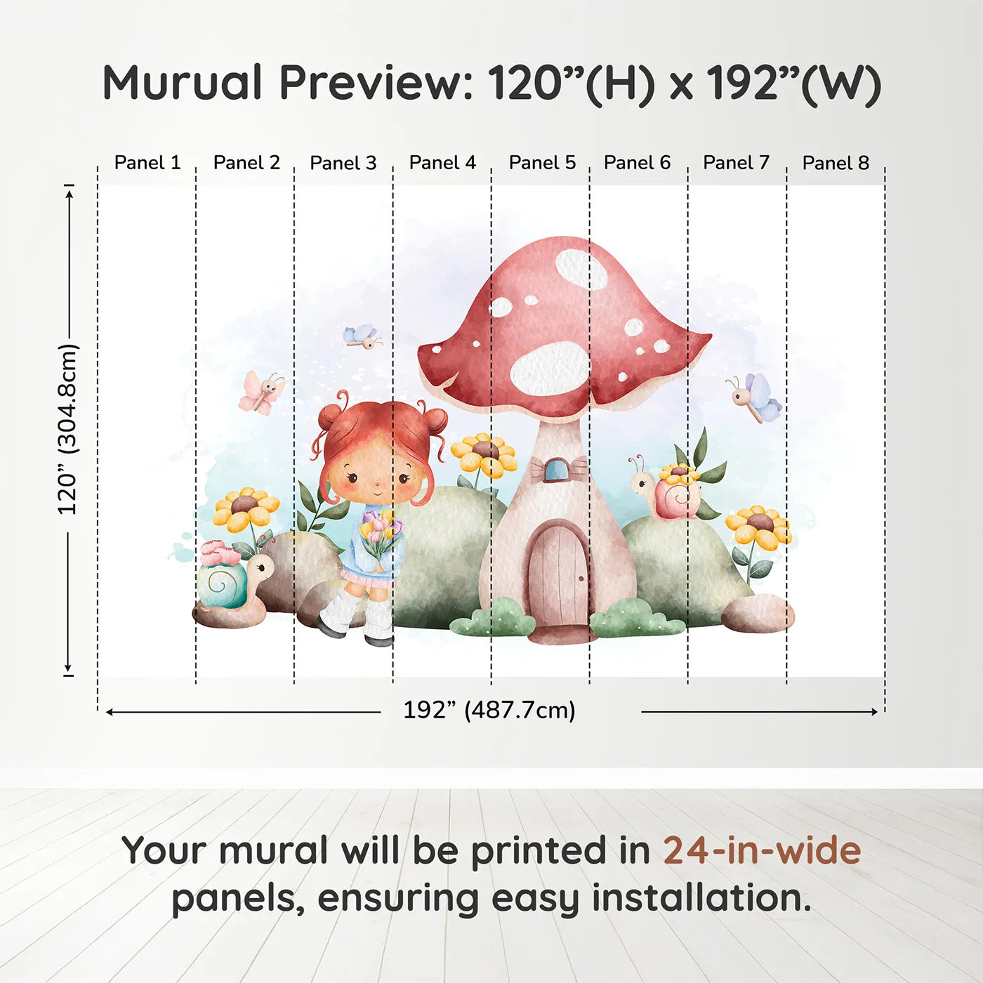 Whimsy Tots Mushroom House Fairy Wall Muraldimension view (120" H x 192" W). Printed in eight 24-inch-wide panels. Best for Girls