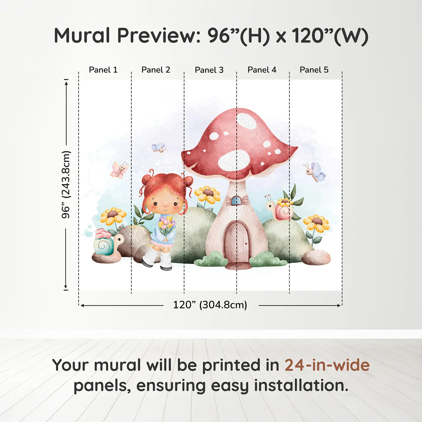 Whimsy Tots Mushroom House Fairy Wall Muraldimension view (96" H x 120" W). Printed in five 24-inch-wide panels. Best for Girls