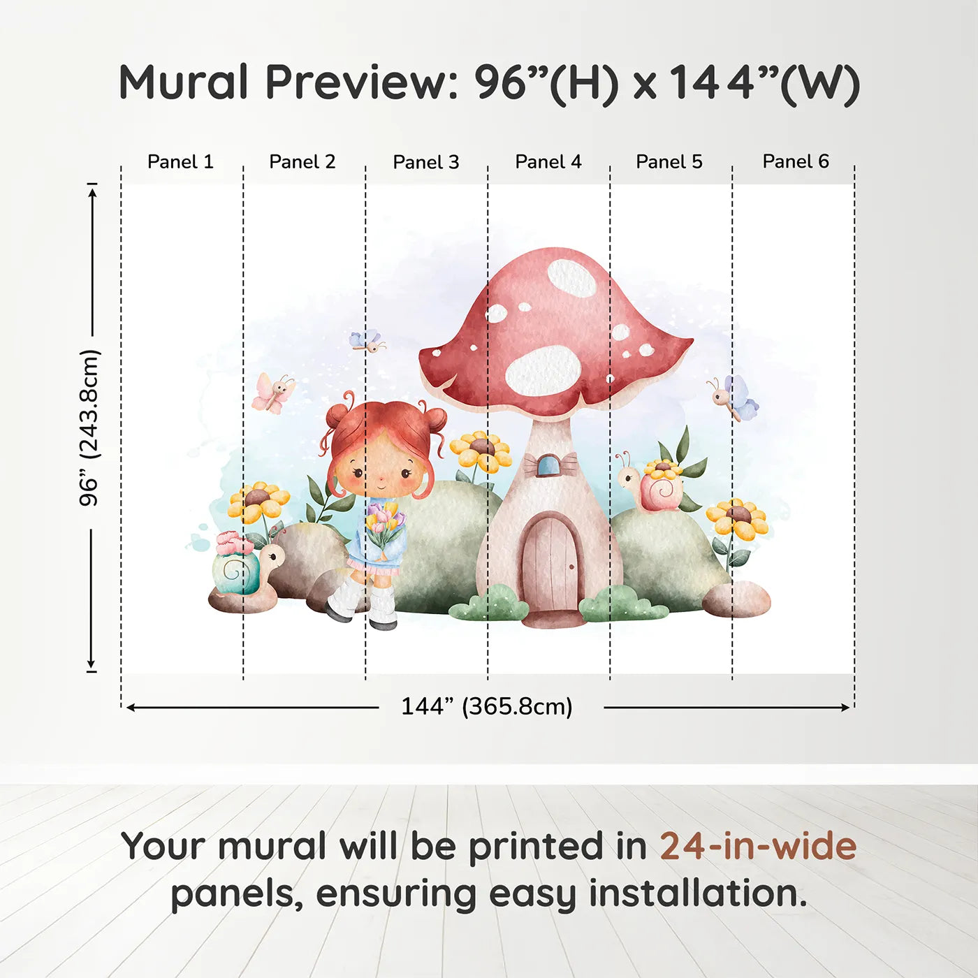 Whimsy Tots Mushroom House Fairy Wall Muraldimension view (96" H x 144" W). Printed in six 24-inch-wide panels. Best for Girls