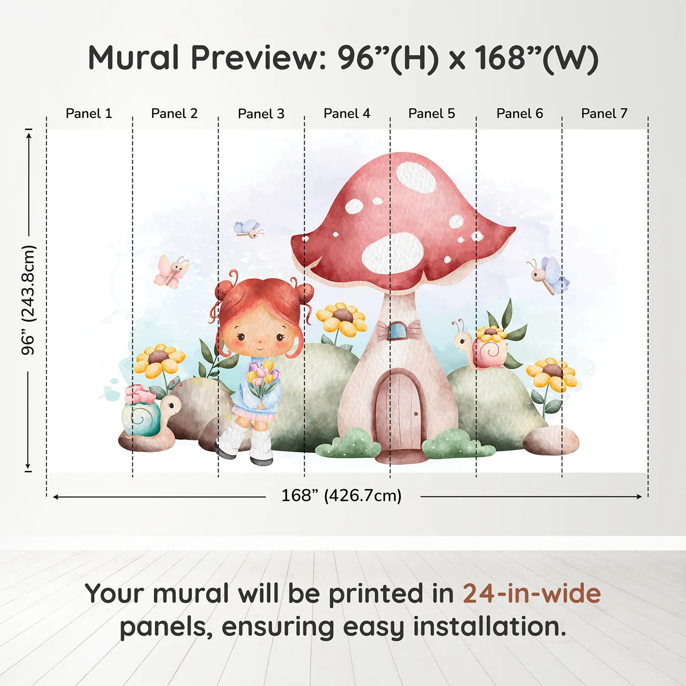 Whimsy Tots Mushroom House Fairy Wall Muraldimension view (96" H x 168" W). Printed in seven 24-inch-wide panels. Best for Girls