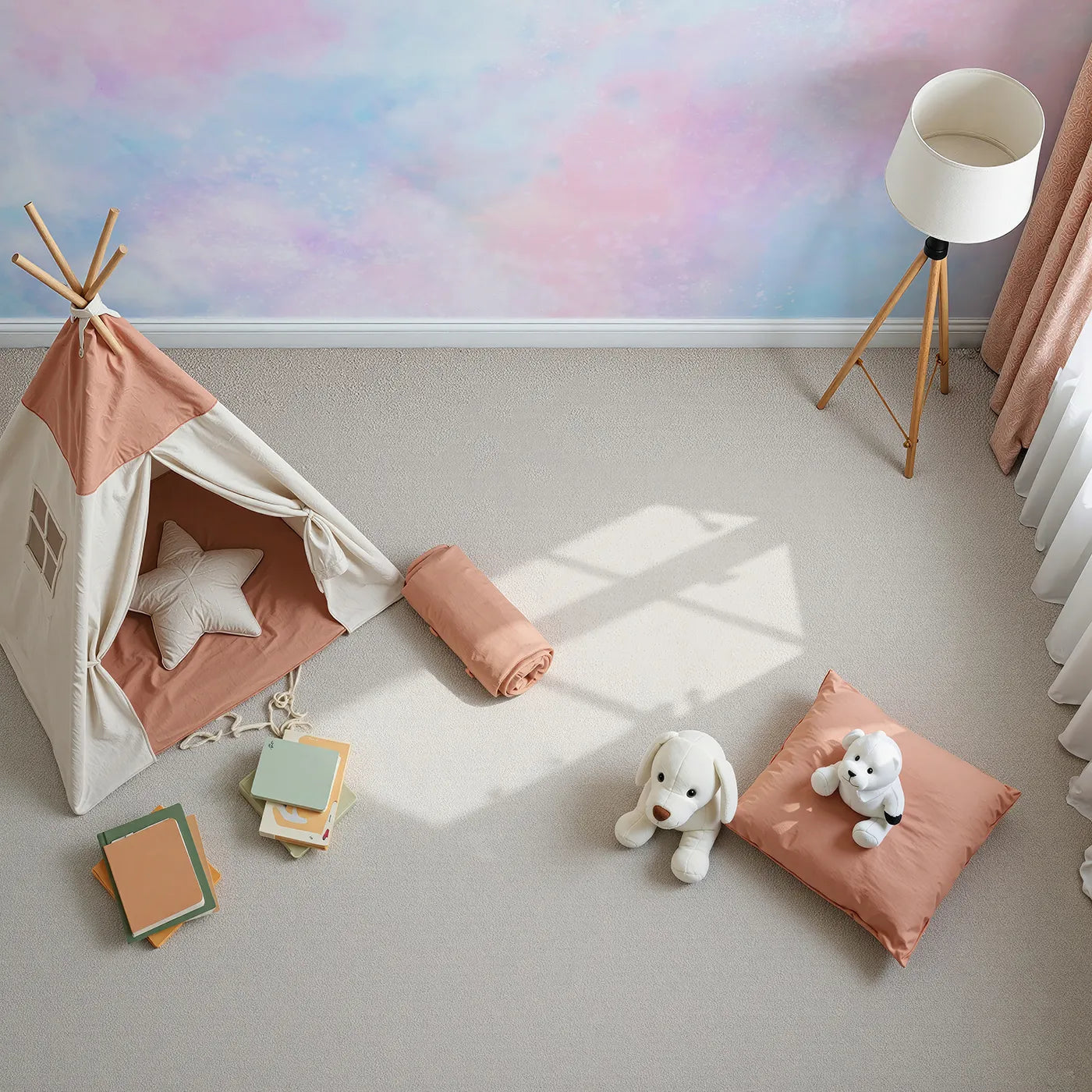 Top-down view of Whimsy Tots' Pastel Galaxy Cloud Wall Mural (Turn Their Room into a Dreamy, Cotton-Candy Cosmos).Gender-Neutral