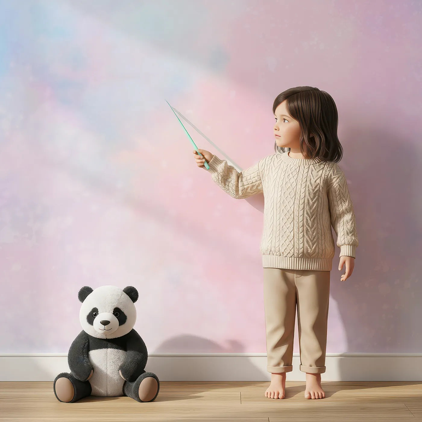 Child in front of Whimsy Tots Pastel Galaxy Cloud Wall Mural with pastel, abstract, watercolor, galaxy, pink, blue, cloud, sparkle in design.