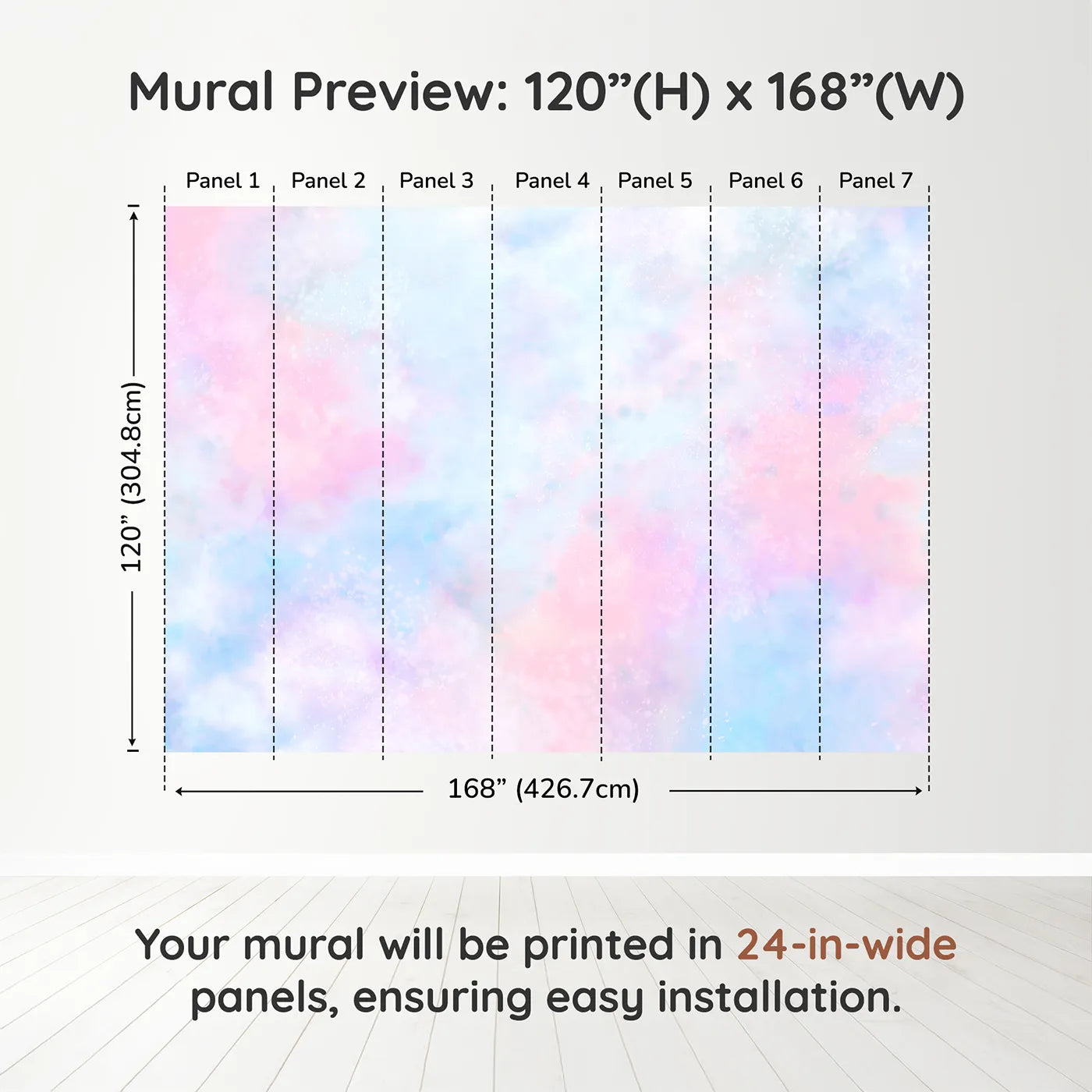 Whimsy Tots Pastel Galaxy Cloud Wall Muraldimension view (120" H x 168" W). Printed in seven 24-inch-wide panels. Gender-Neutral