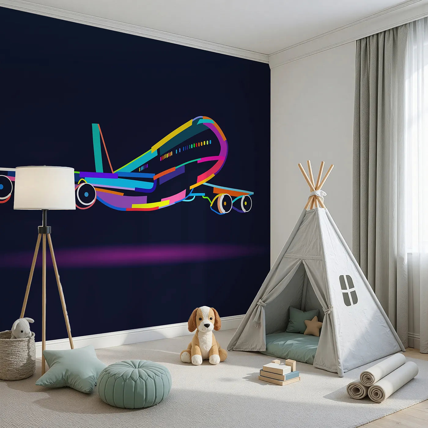 Angled view of Whimsy Tots' Pop Art Airplane Wall Mural (Turn Their Room into a Vibrant, High-Flying Work of Art).Gender-Neutral