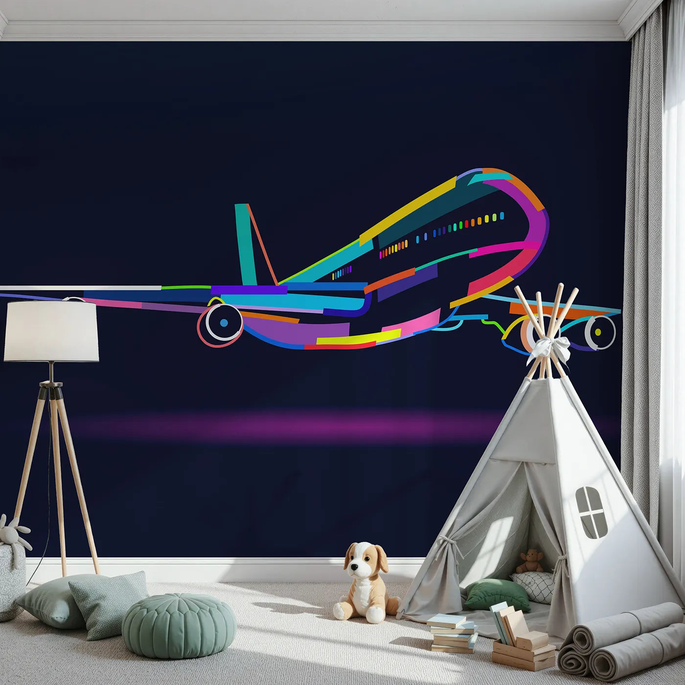 Front view of Whimsy Tots' Pop Art Airplane Wall Mural