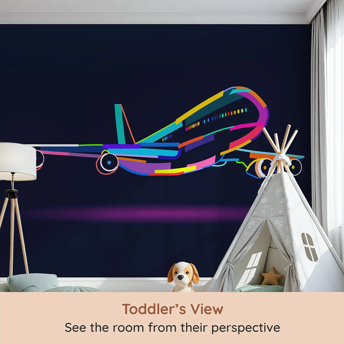 Whimsy Tots Pop Art Airplane Wall Mural (Turn Their Room into a Vibrant, High-Flying Work of Art) from your child's view.Gender-Neutral