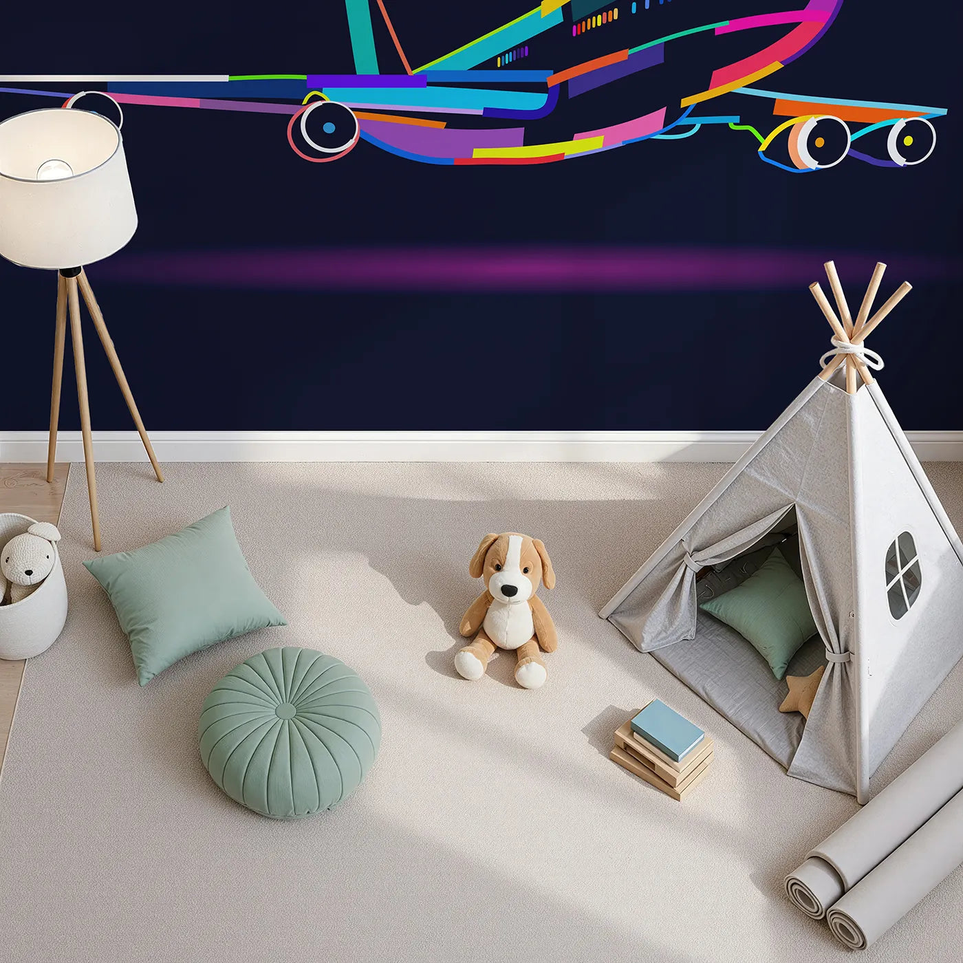 Top-down view of Whimsy Tots' Pop Art Airplane Wall Mural (Turn Their Room into a Vibrant, High-Flying Work of Art).Gender-Neutral