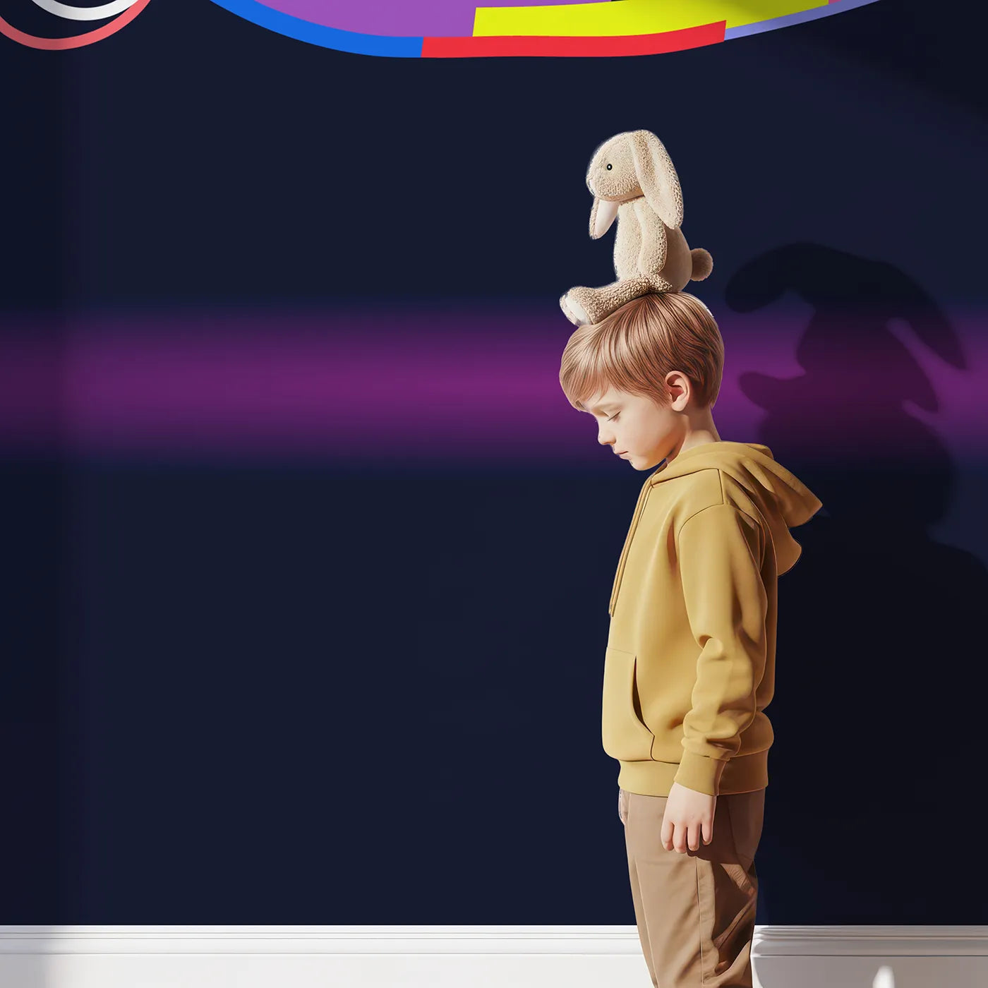 Child in front of Whimsy Tots Pop Art Airplane Wall Mural with airplane, pop art, abstract, colorful, modern, vibrant, plane, travel in design.