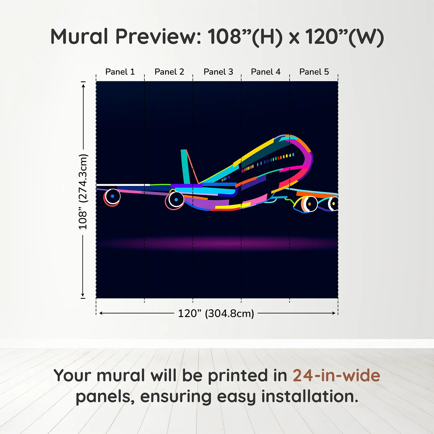 Whimsy Tots Pop Art Airplane Wall Muraldimension view (108" H x 120" W). Printed in five 24-inch-wide panels. Gender-Neutral