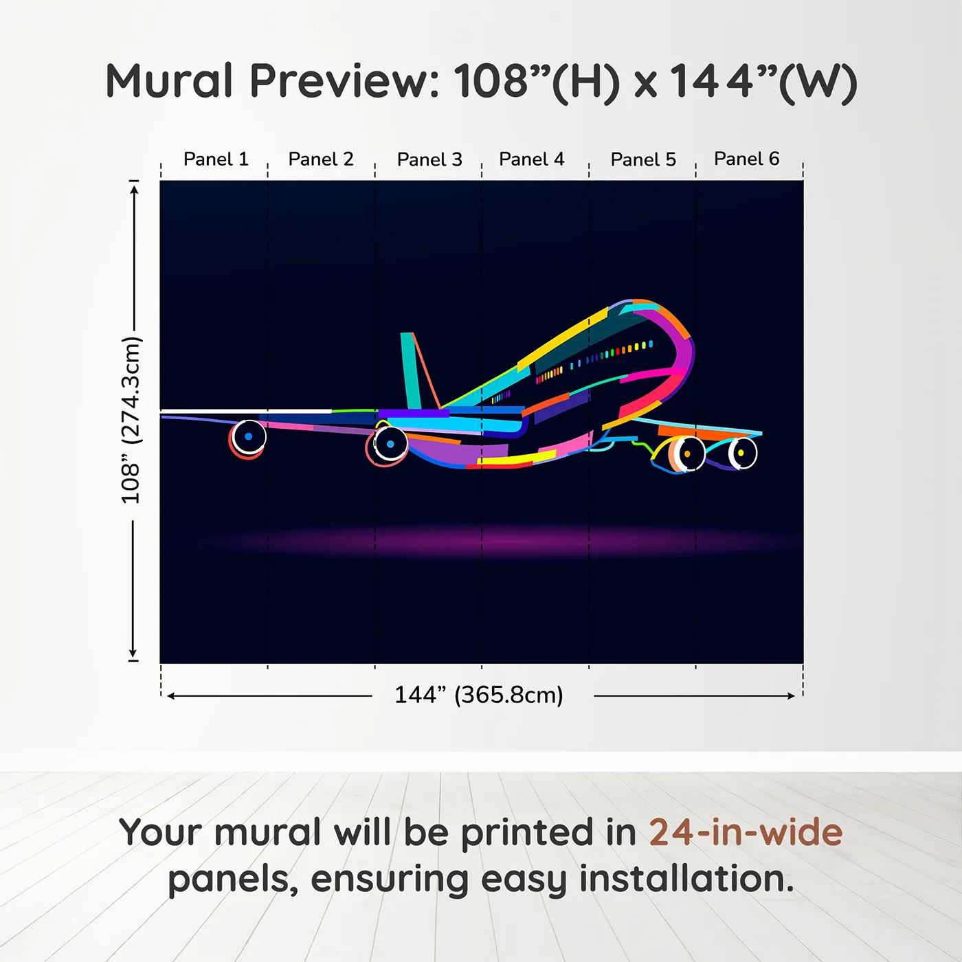 Whimsy Tots Pop Art Airplane Wall Muraldimension view (108" H x 144" W). Printed in six 24-inch-wide panels. Gender-Neutral