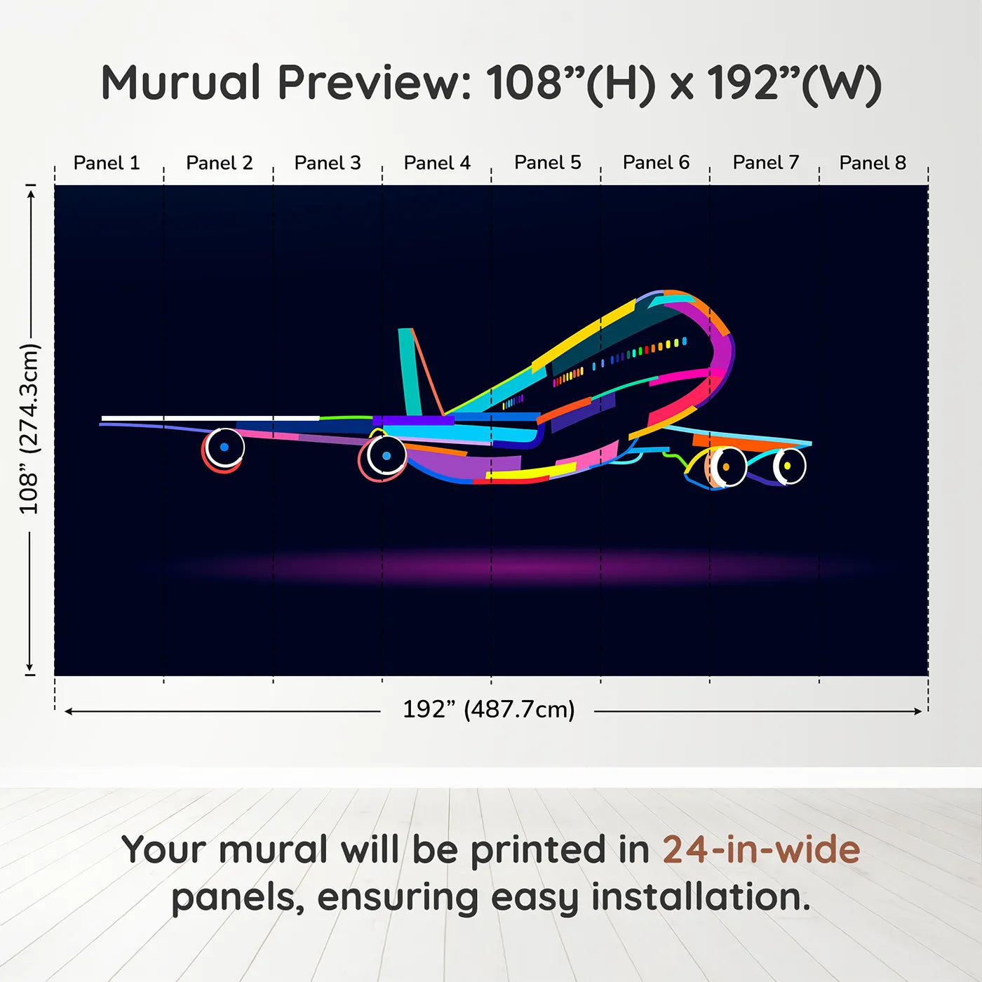 Whimsy Tots Pop Art Airplane Wall Muraldimension view (108" H x 192" W). Printed in eight 24-inch-wide panels. Gender-Neutral