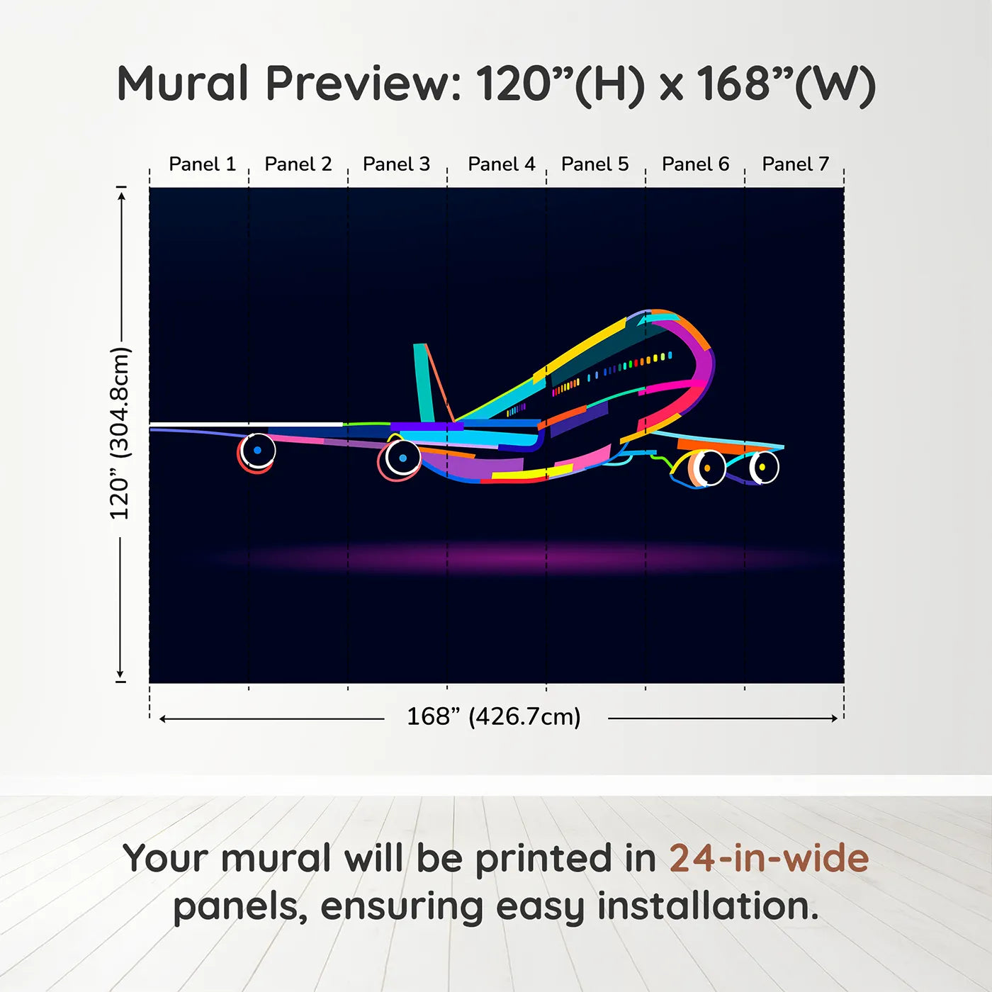 Whimsy Tots Pop Art Airplane Wall Muraldimension view (120" H x 168" W). Printed in seven 24-inch-wide panels. Gender-Neutral