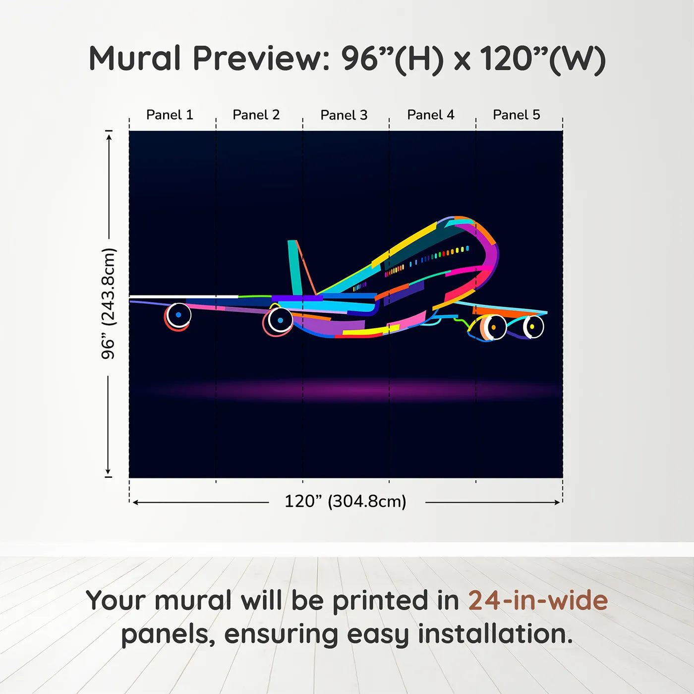 Whimsy Tots Pop Art Airplane Wall Muraldimension view (96" H x 120" W). Printed in five 24-inch-wide panels. Gender-Neutral