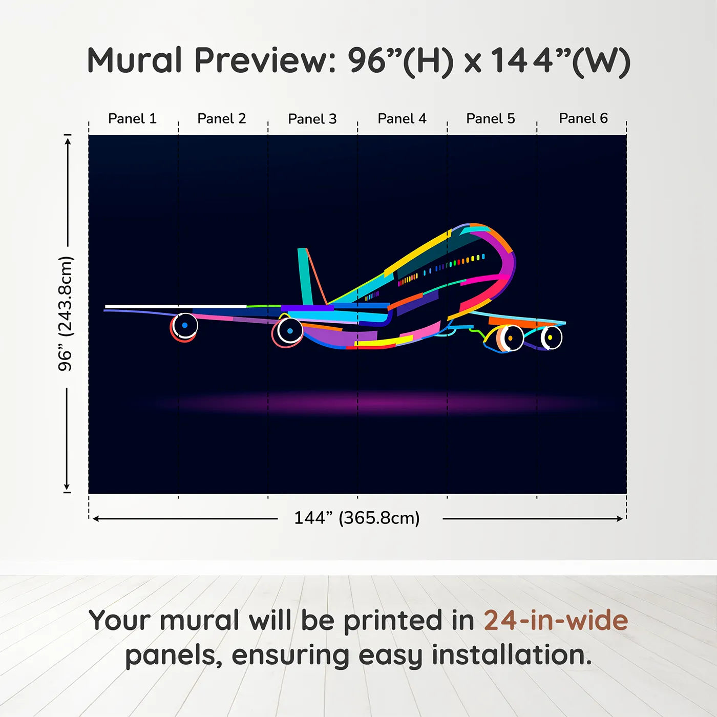 Whimsy Tots Pop Art Airplane Wall Muraldimension view (96" H x 144" W). Printed in six 24-inch-wide panels. Gender-Neutral