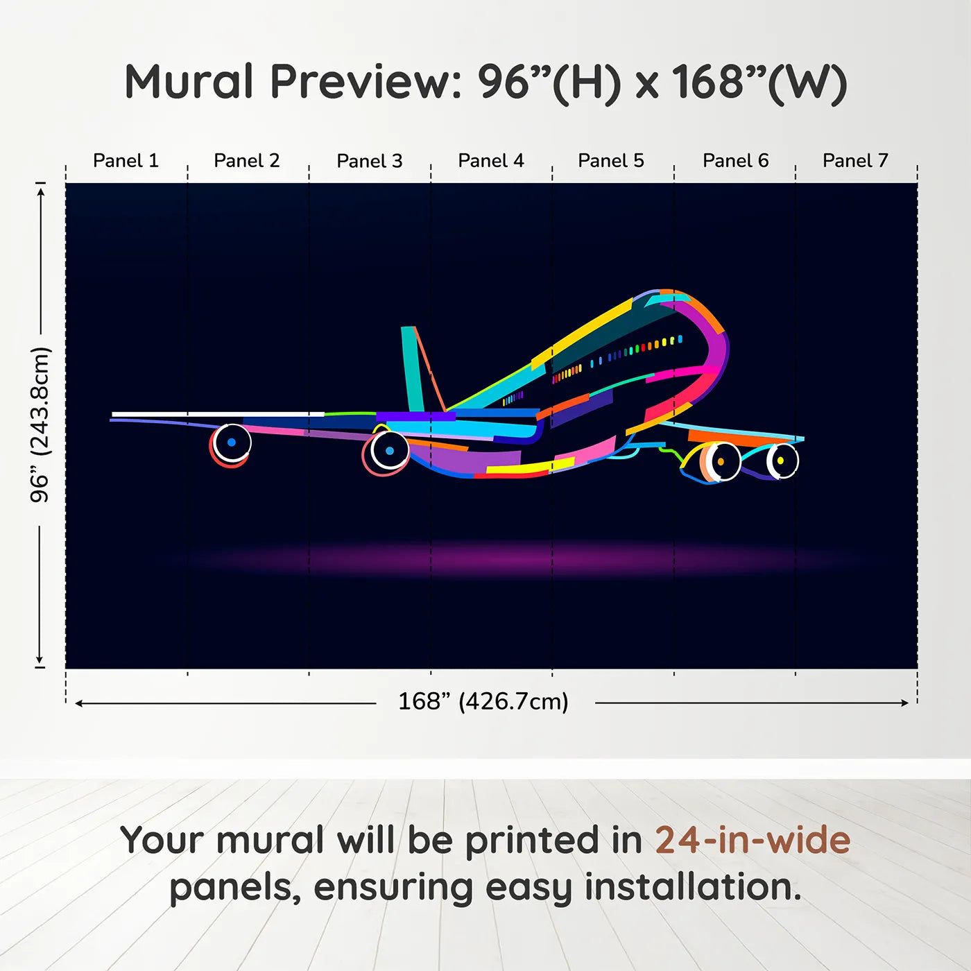 Whimsy Tots Pop Art Airplane Wall Muraldimension view (96" H x 168" W). Printed in seven 24-inch-wide panels. Gender-Neutral