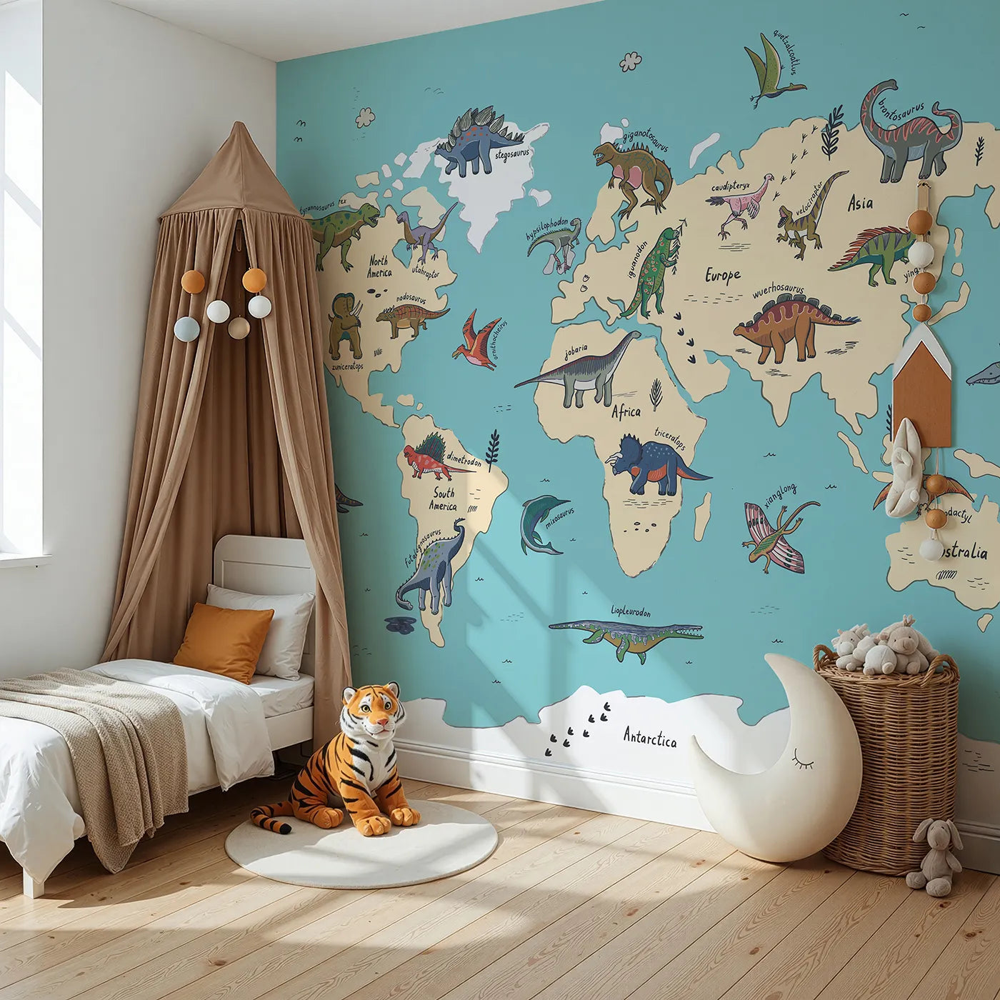Angled view of Whimsy Tots' Doodle Dinosaur World Map Wall Mural in Color (Turn Their Room into a Fun and Colorful Prehistoric Planet).Gender-Neutral
