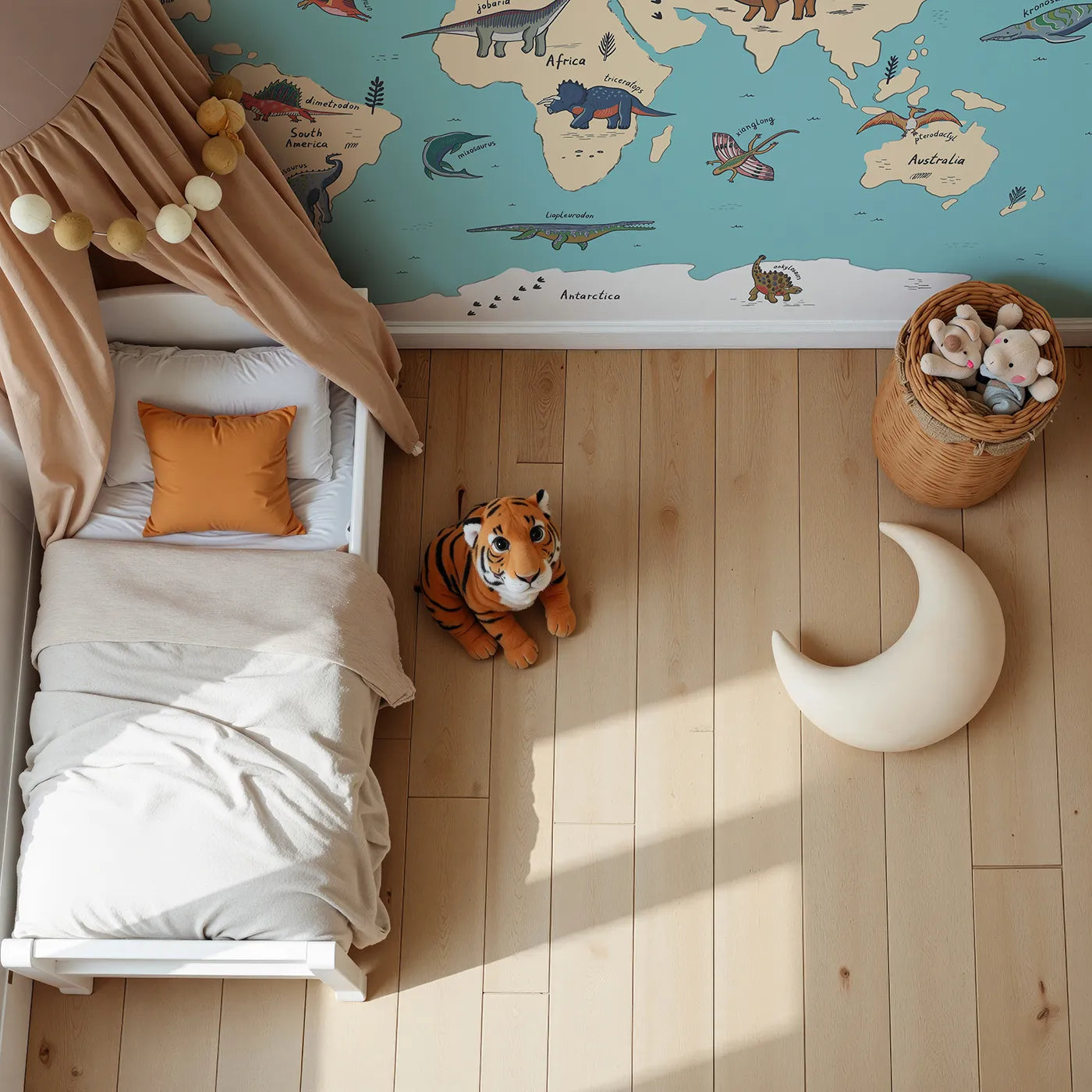 Top-down view of Whimsy Tots' Doodle Dinosaur World Map Wall Mural in Color (Turn Their Room into a Fun and Colorful Prehistoric Planet).Gender-Neutral