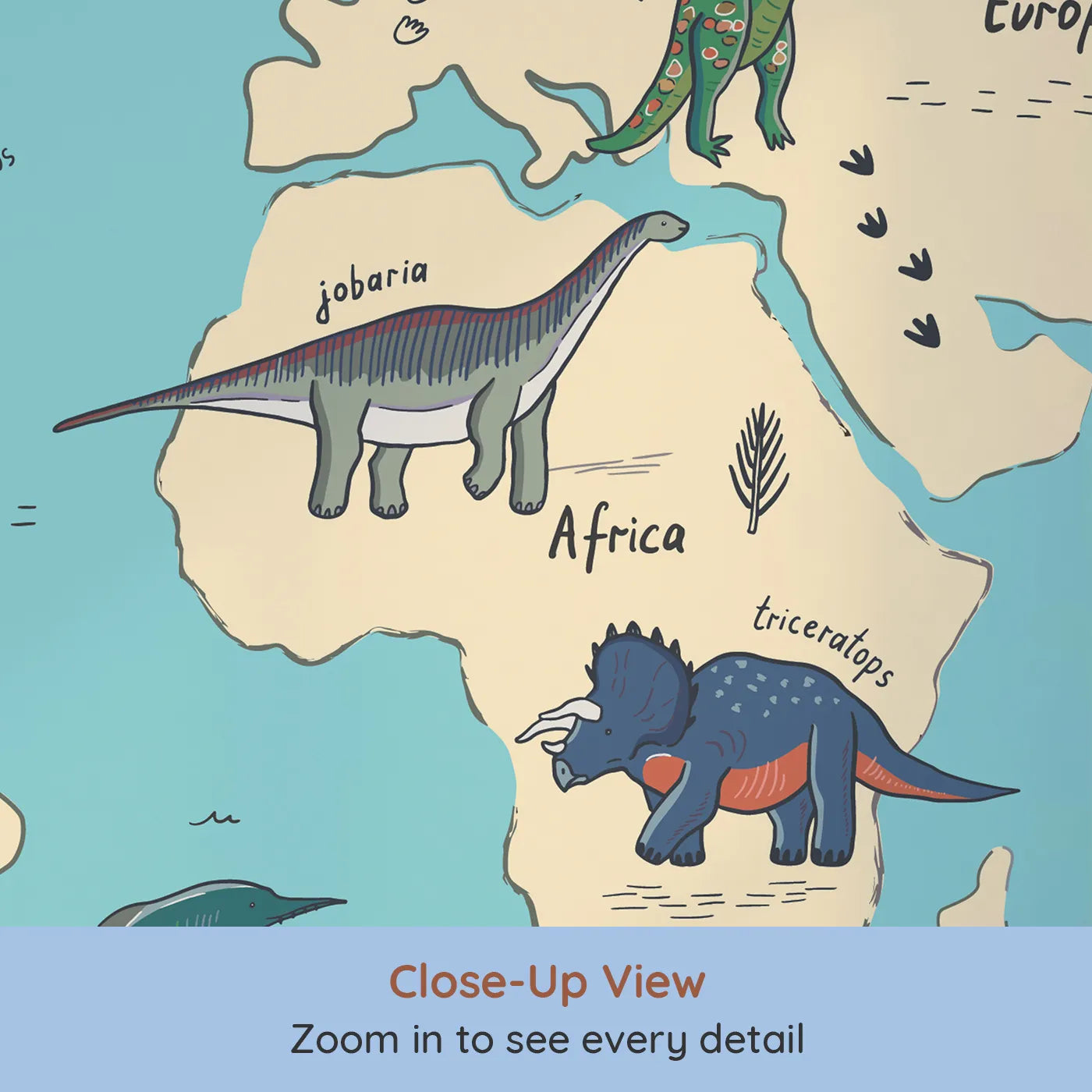 Close-up view of Whimsy Tots' Doodle Dinosaur World Map Wall Mural in Color (Turn Their Room into a Fun and Colorful Prehistoric Planet).Gender-Neutral