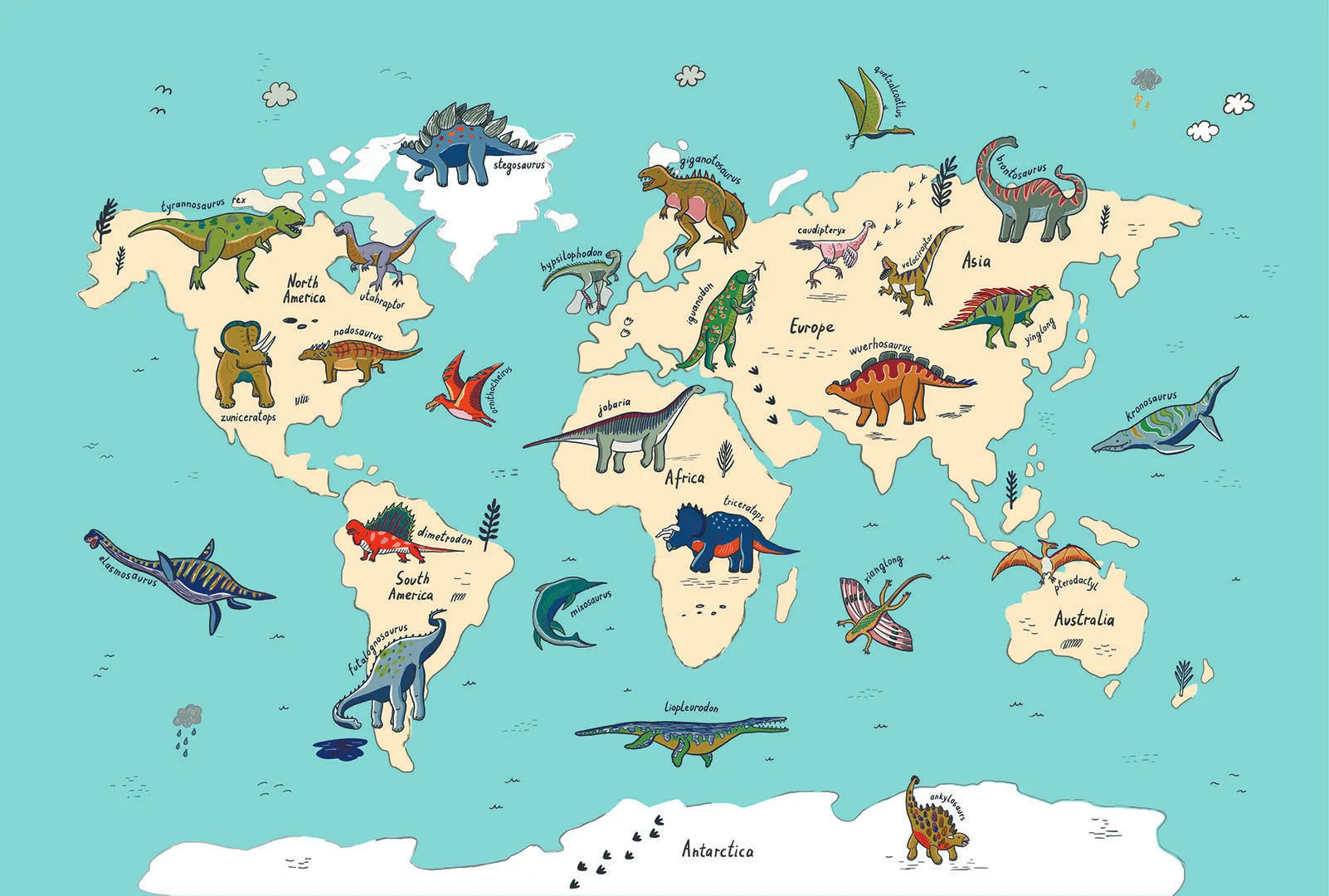 A Playful, Illustrated Map of a Happy Dinosaur World