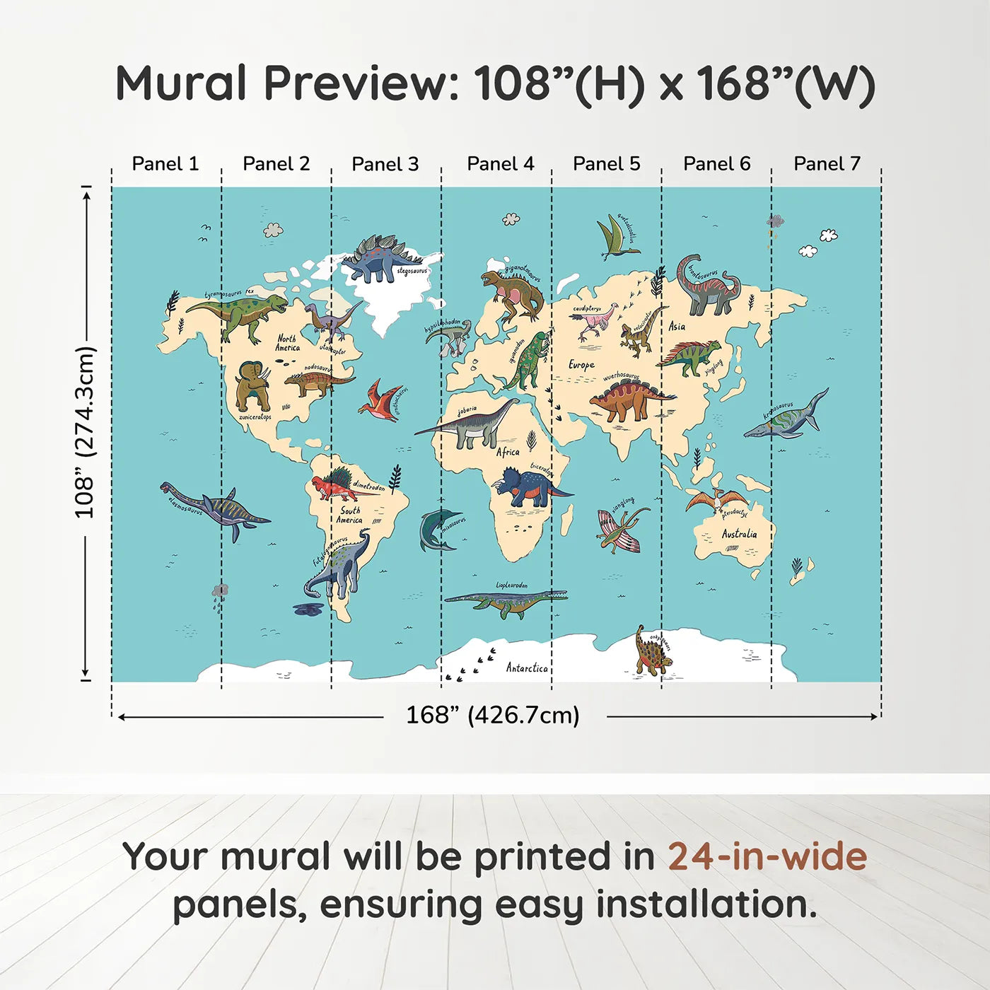 Whimsy Tots Doodle Dinosaur World Map Wall Mural in Colordimension view (108" H x 168" W). Printed in seven 24-inch-wide panels. Gender-Neutral