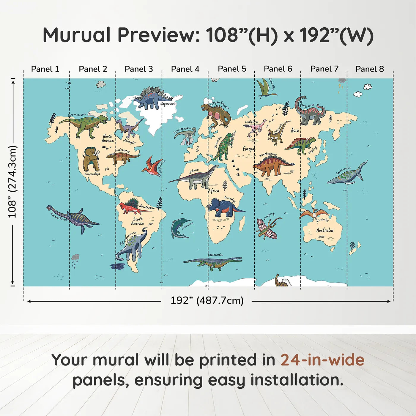 Whimsy Tots Doodle Dinosaur World Map Wall Mural in Colordimension view (108" H x 192" W). Printed in eight 24-inch-wide panels. Gender-Neutral