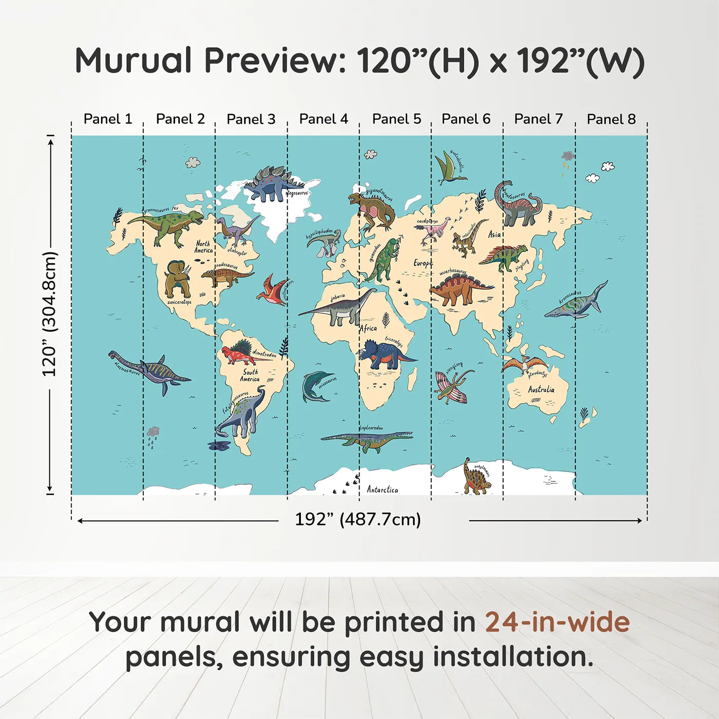 Whimsy Tots Doodle Dinosaur World Map Wall Mural in Colordimension view (120" H x 192" W). Printed in eight 24-inch-wide panels. Gender-Neutral