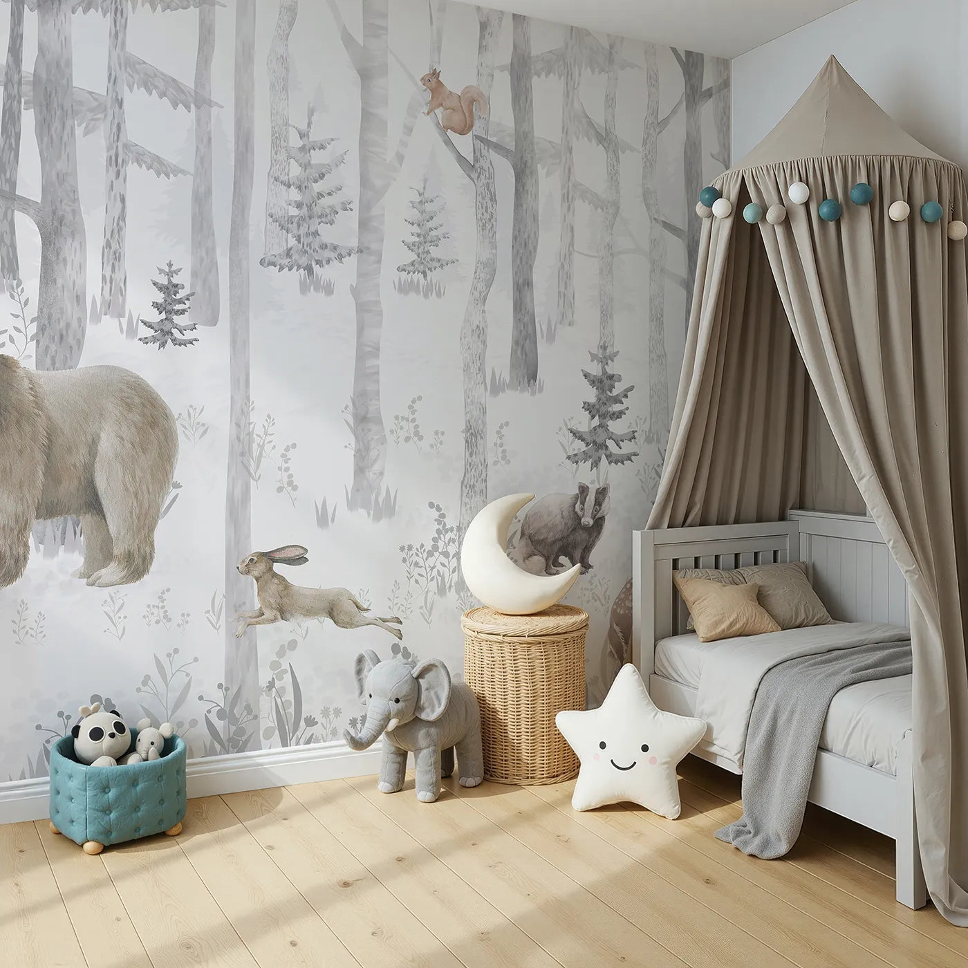 Angled view of Whimsy Tots' Misty Winter Woods Wall Mural (Turn Their Room into a Quiet, Snowy Forest Gathering).Gender-Neutral