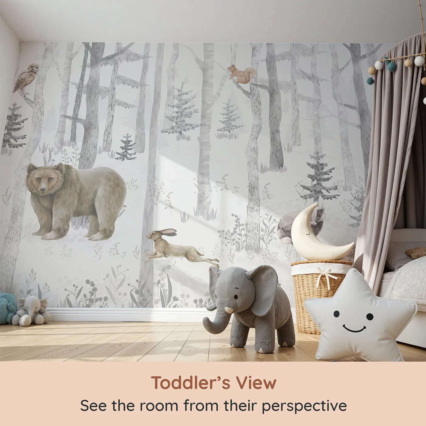 Whimsy Tots Misty Winter Woods Wall Mural (Turn Their Room into a Quiet, Snowy Forest Gathering) from your child's view.Gender-Neutral