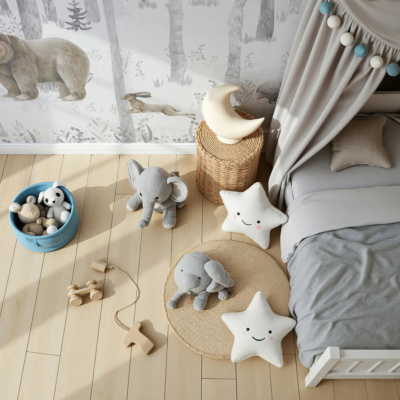 Top-down view of Whimsy Tots' Misty Winter Woods Wall Mural (Turn Their Room into a Quiet, Snowy Forest Gathering).Gender-Neutral