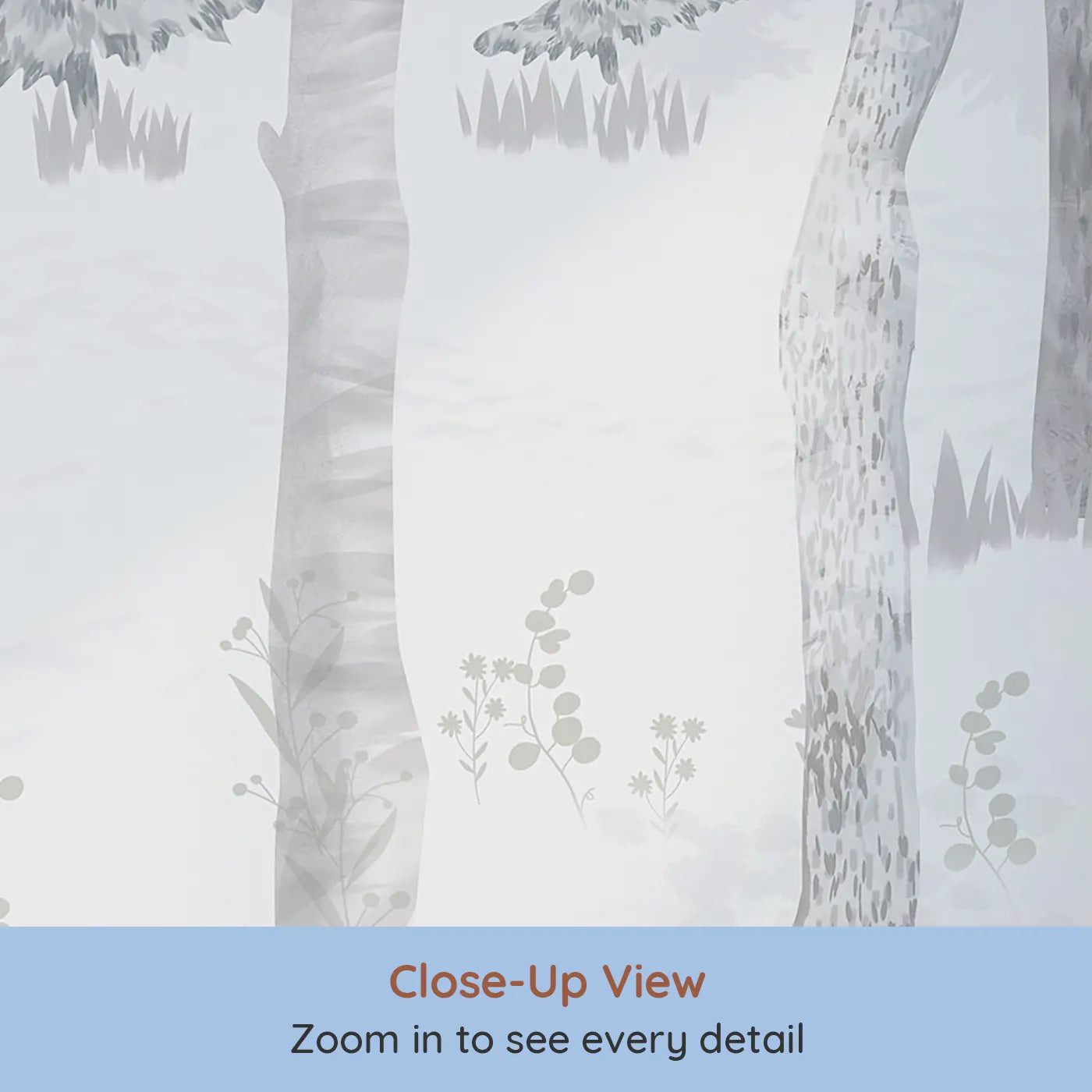 Close-up view of Whimsy Tots' Misty Winter Woods Wall Mural (Turn Their Room into a Quiet, Snowy Forest Gathering).Gender-Neutral