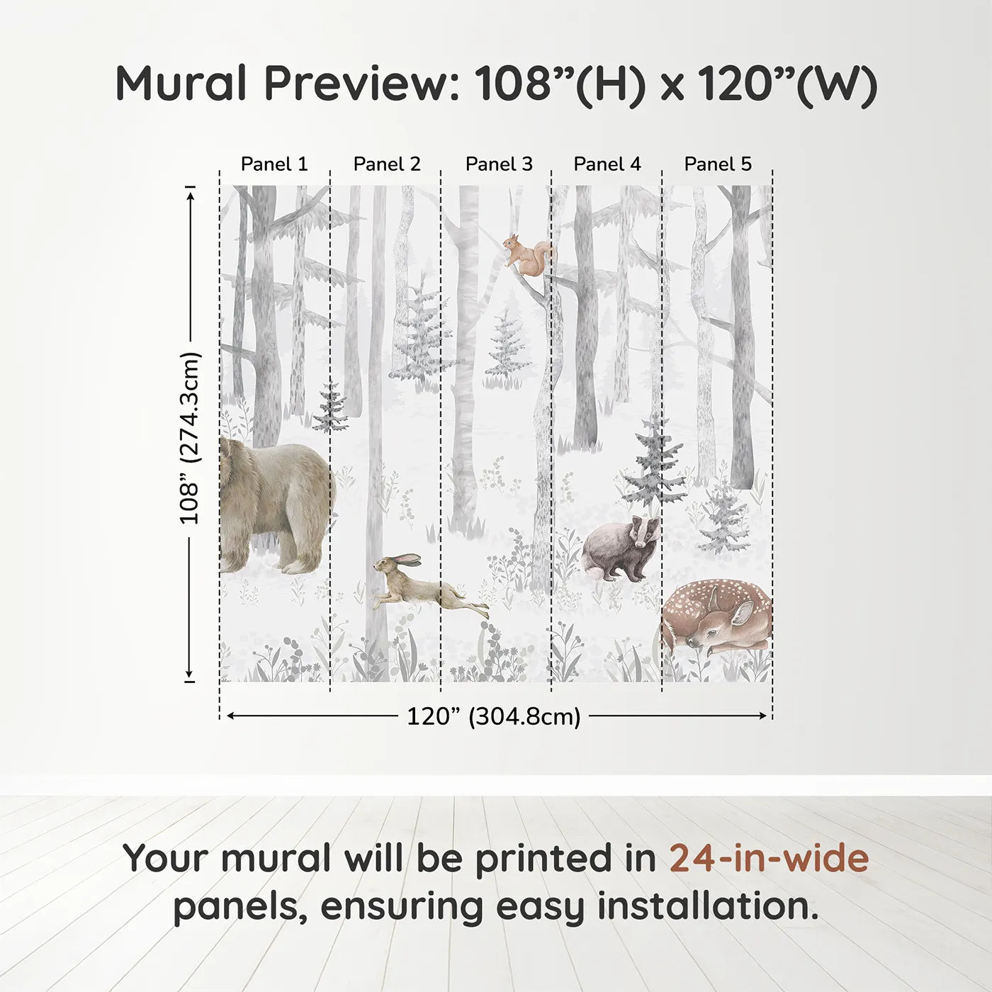 Whimsy Tots Misty Winter Woods Wall Muraldimension view (108" H x 120" W). Printed in five 24-inch-wide panels. Gender-Neutral