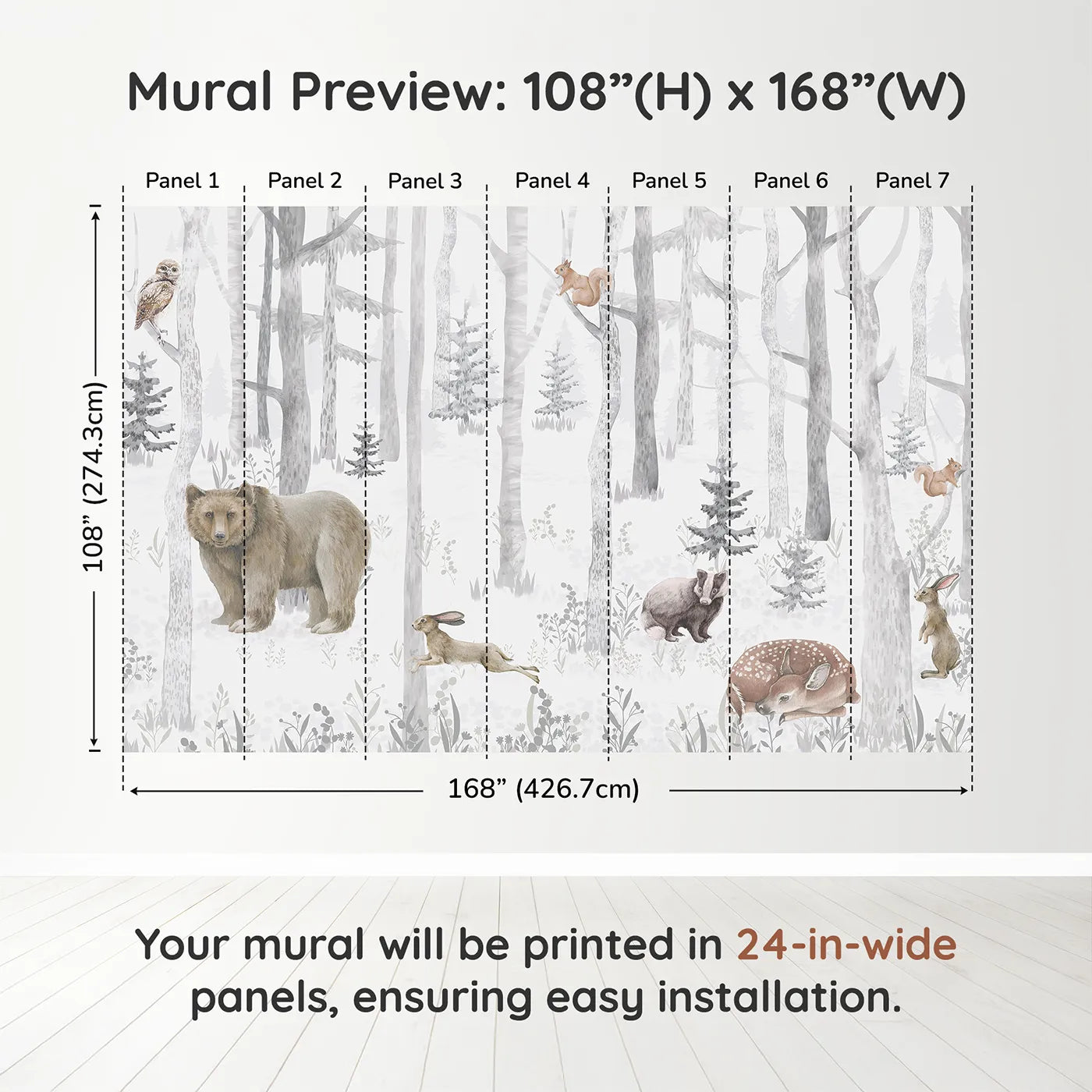 Whimsy Tots Misty Winter Woods Wall Muraldimension view (108" H x 168" W). Printed in seven 24-inch-wide panels. Gender-Neutral