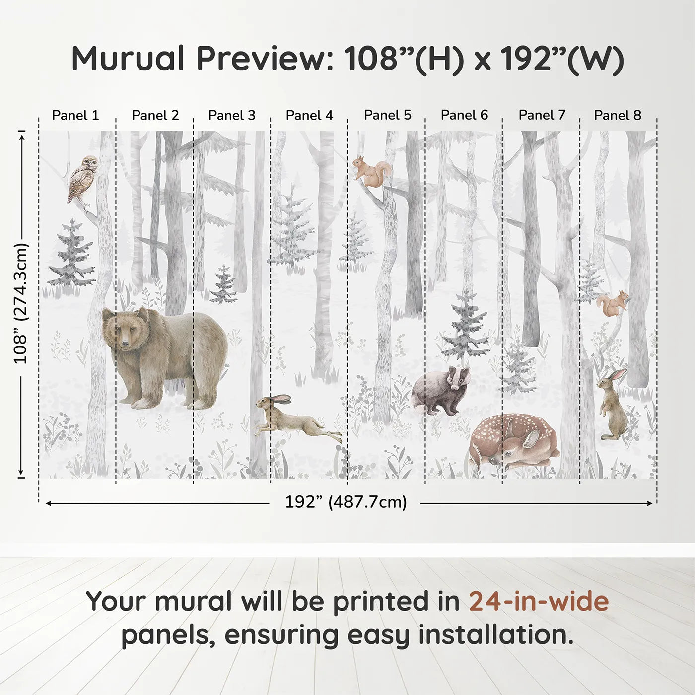 Whimsy Tots Misty Winter Woods Wall Muraldimension view (108" H x 192" W). Printed in eight 24-inch-wide panels. Gender-Neutral