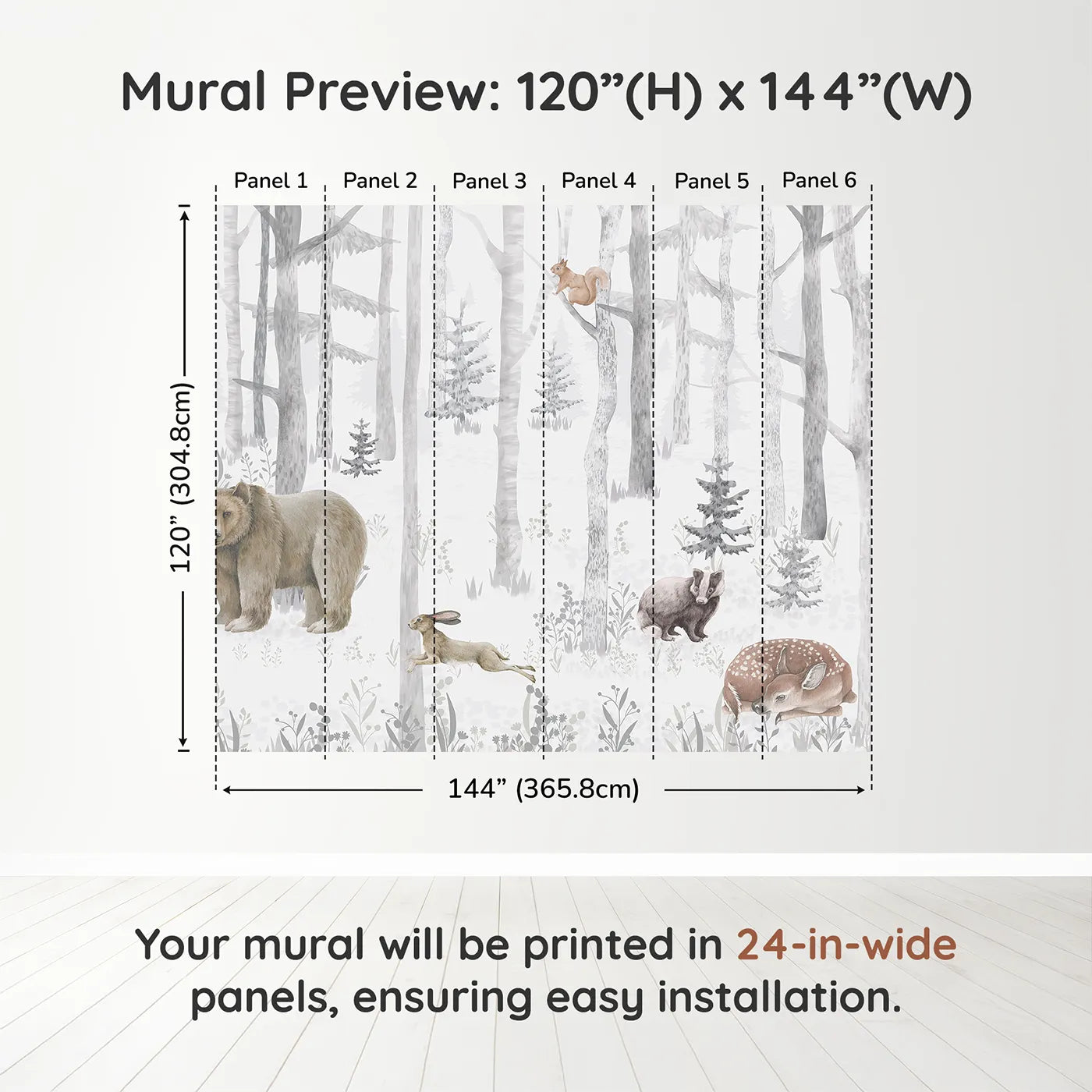 Whimsy Tots Misty Winter Woods Wall Muraldimension view (120" H x 144" W). Printed in six 24-inch-wide panels. Gender-Neutral