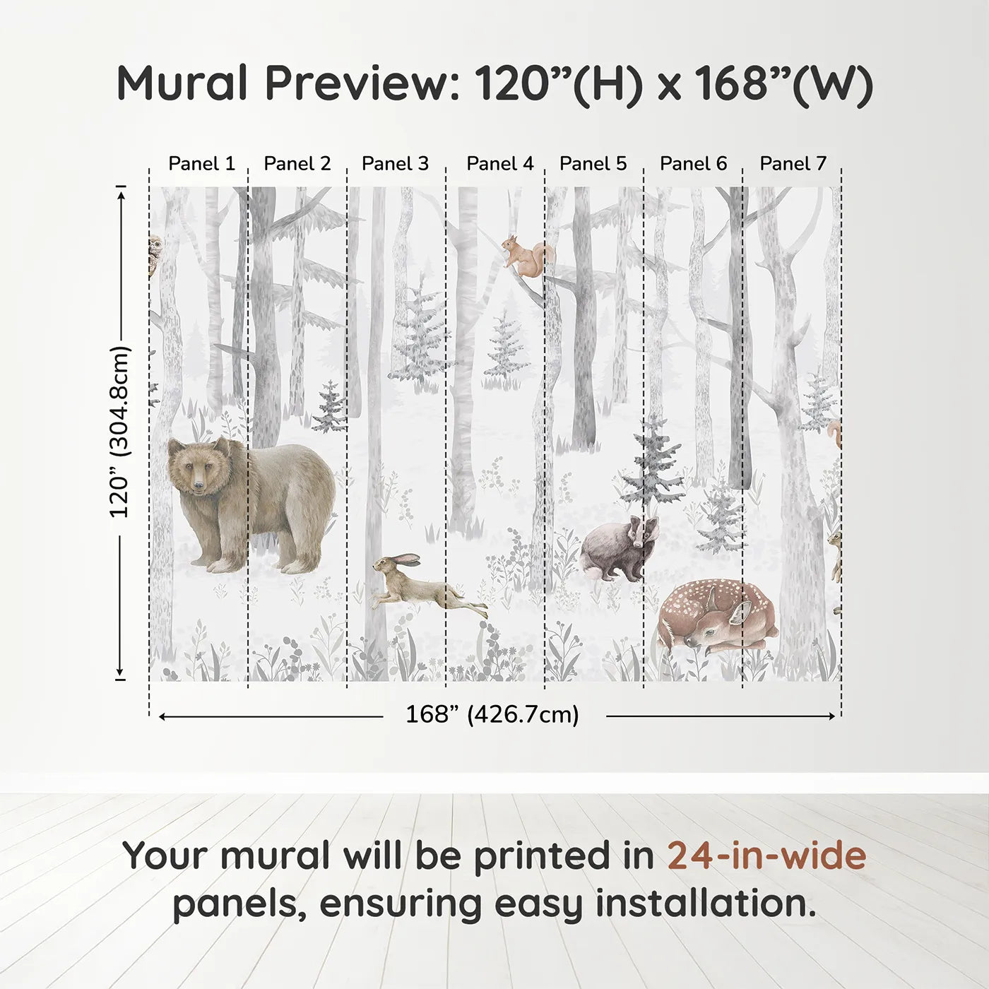 Whimsy Tots Misty Winter Woods Wall Muraldimension view (120" H x 168" W). Printed in seven 24-inch-wide panels. Gender-Neutral