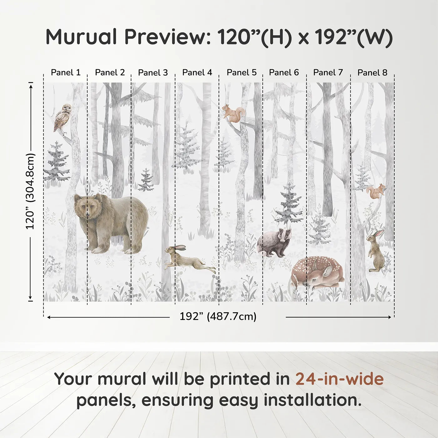 Whimsy Tots Misty Winter Woods Wall Muraldimension view (120" H x 192" W). Printed in eight 24-inch-wide panels. Gender-Neutral