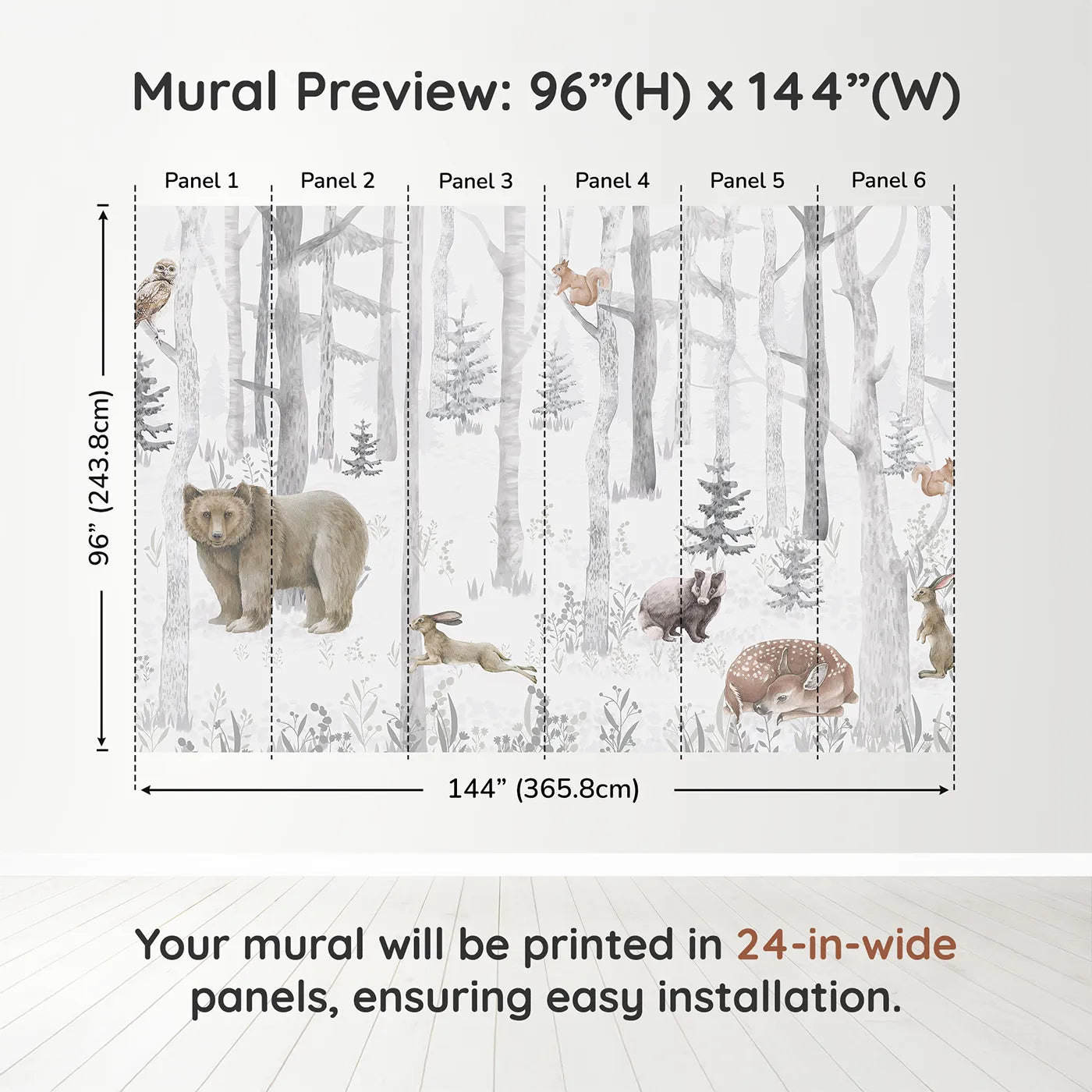Whimsy Tots Misty Winter Woods Wall Muraldimension view (96" H x 144" W). Printed in six 24-inch-wide panels. Gender-Neutral