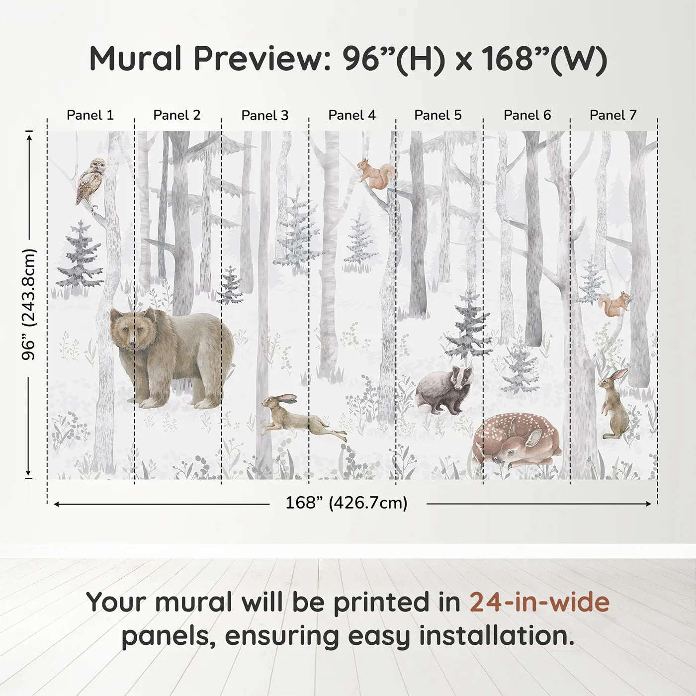 Whimsy Tots Misty Winter Woods Wall Muraldimension view (96" H x 168" W). Printed in seven 24-inch-wide panels. Gender-Neutral