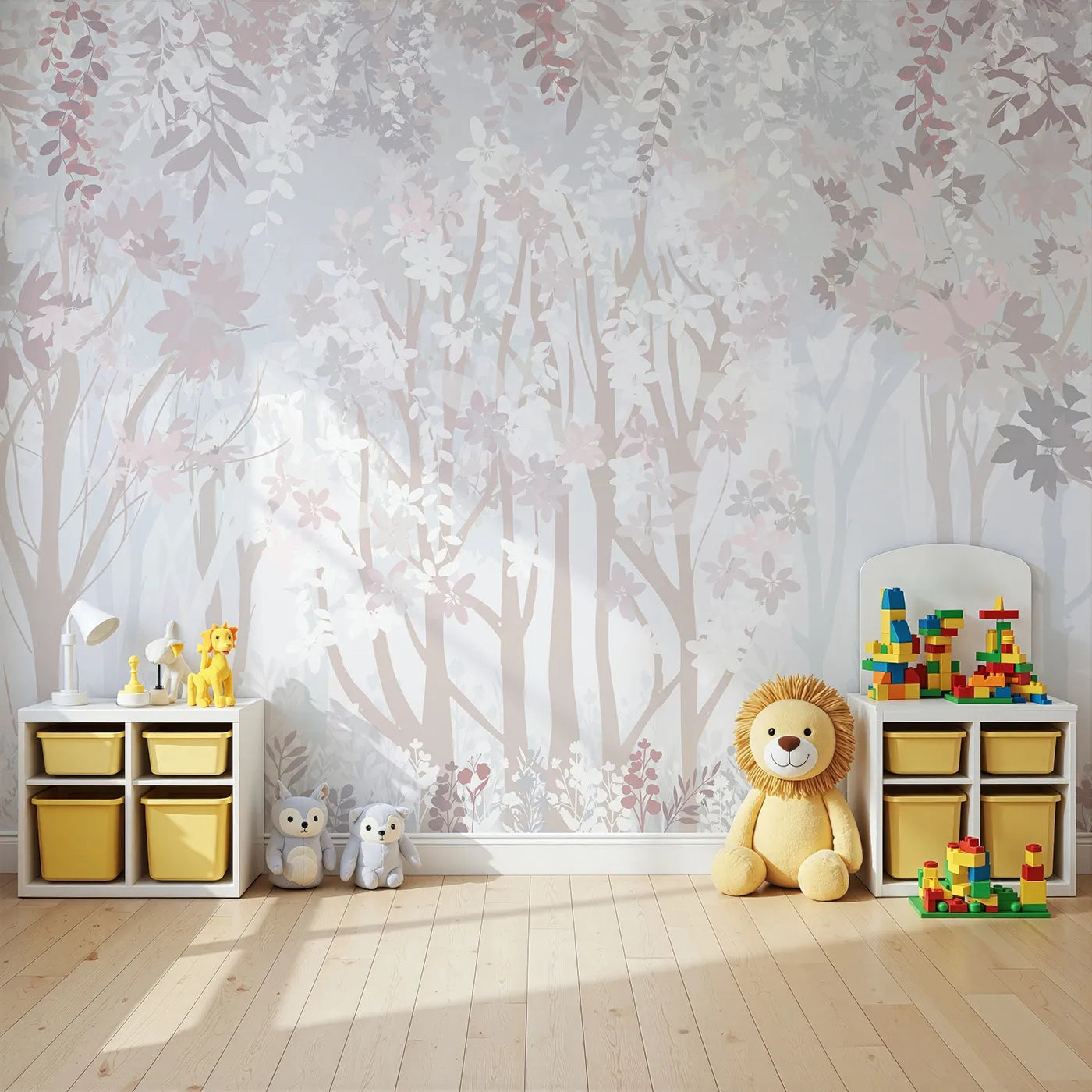 Angled view of Whimsy Tots' Misty Blossom Forest Wall Mural (Turn Their Room into a Dreamy, Ethereal Woodland).Gender-Neutral